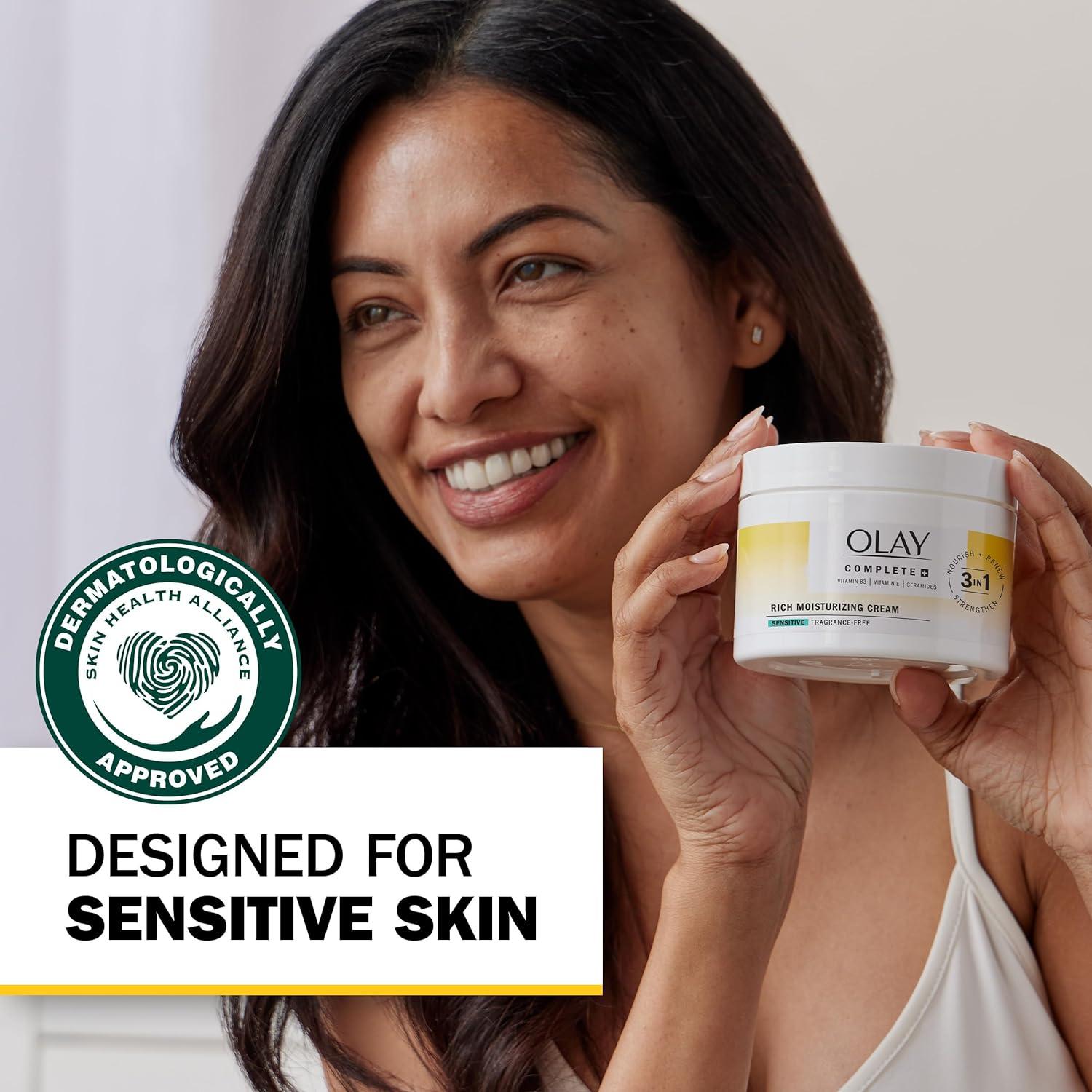 imageOlay Face Moisturizer Complete Rich Moisturizing Cream FragranceFree Gentle for Dry amp Sensitive Skin 3in1 Hydrating to Strengthen Nourish Renew Niacinamide Vitamin E amp Ceramides 85 oz85 Fl Oz Pack of 2