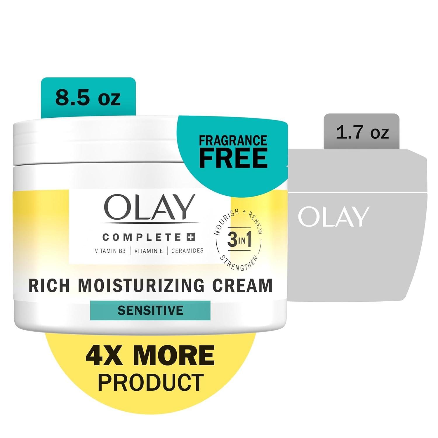 imageOlay Face Moisturizer Complete Rich Moisturizing Cream FragranceFree Gentle for Dry amp Sensitive Skin 3in1 Hydrating to Strengthen Nourish Renew Niacinamide Vitamin E amp Ceramides 85 oz85 Fl Oz Pack of 2