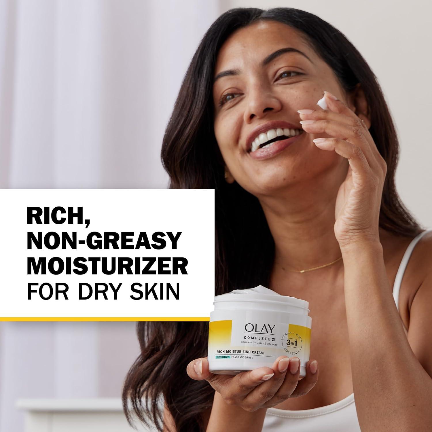 imageOlay Face Moisturizer Complete Rich Moisturizing Cream FragranceFree Gentle for Dry amp Sensitive Skin 3in1 Hydrating to Strengthen Nourish Renew Niacinamide Vitamin E amp Ceramides 85 oz85 Fl Oz Pack of 1