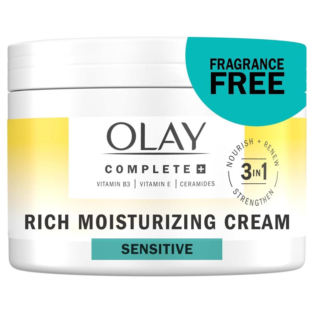 imageOlay Face Moisturizer Complete Rich Moisturizing Cream FragranceFree Gentle for Dry amp Sensitive Skin 3in1 Hydrating to Strengthen Nourish Renew Niacinamide Vitamin E amp Ceramides 85 oz85 Fl Oz Pack of 1