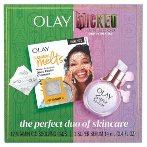 Olay Super Serum Trial Size – Niacinamide, Vitamin C & E, Collagen Peptide, AHA – 5-in-1 Skin Care Benefits – Healthy Glow, Brightening, Hydrating, Smoothing, Firming, Evens Tone, Anti-Aging, 0.4 Oz(Wicked Bundle: Super Serum + Face Cleansing Melts)