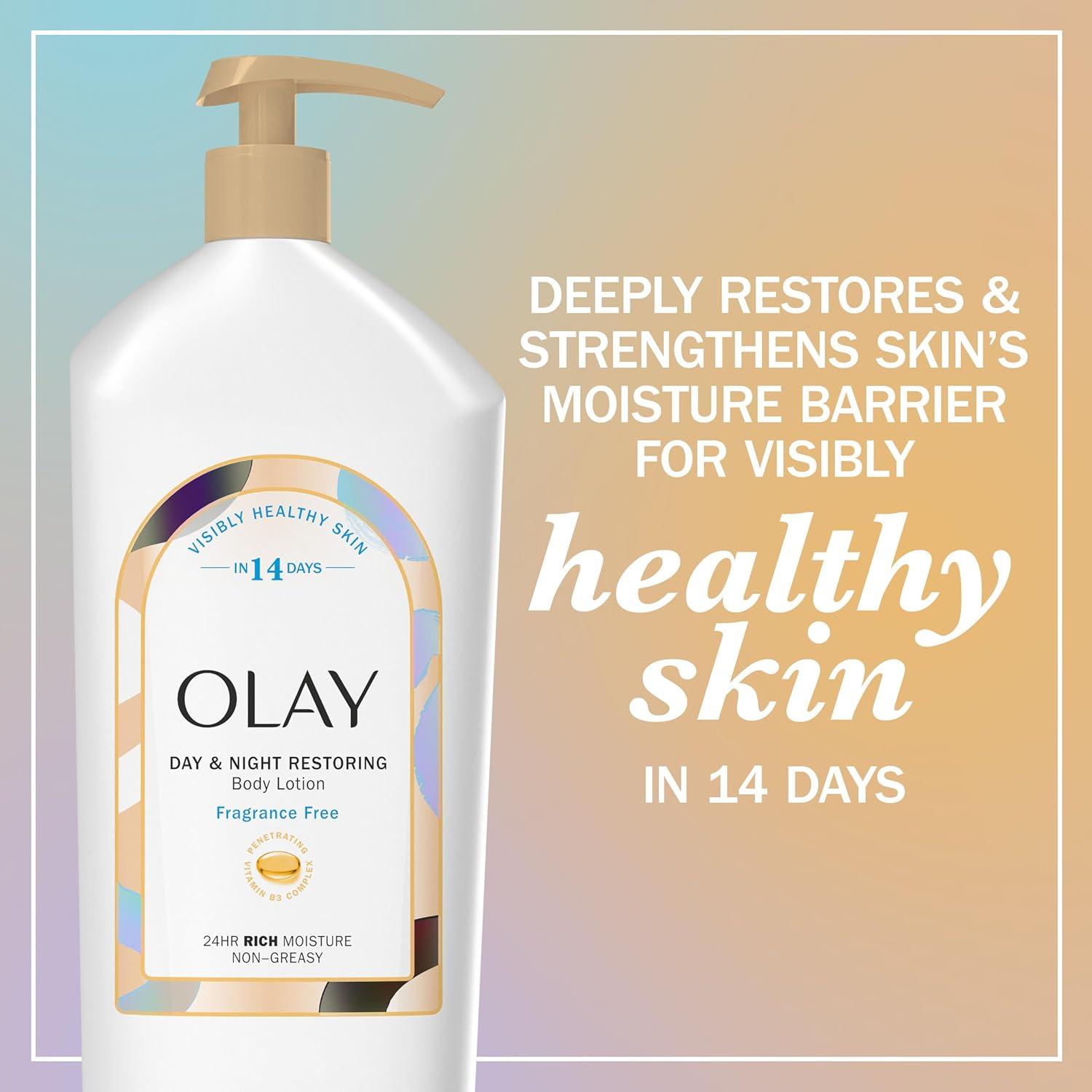 imageOlay Body Lotion for Women Day amp Night Restoring 24hr Moisturizing amp Deep Hydration Absorbs Instantly Penetrating Vitamin B3 Complex For All Skin Types Fragrance Free 18 fl ozFragranceFree