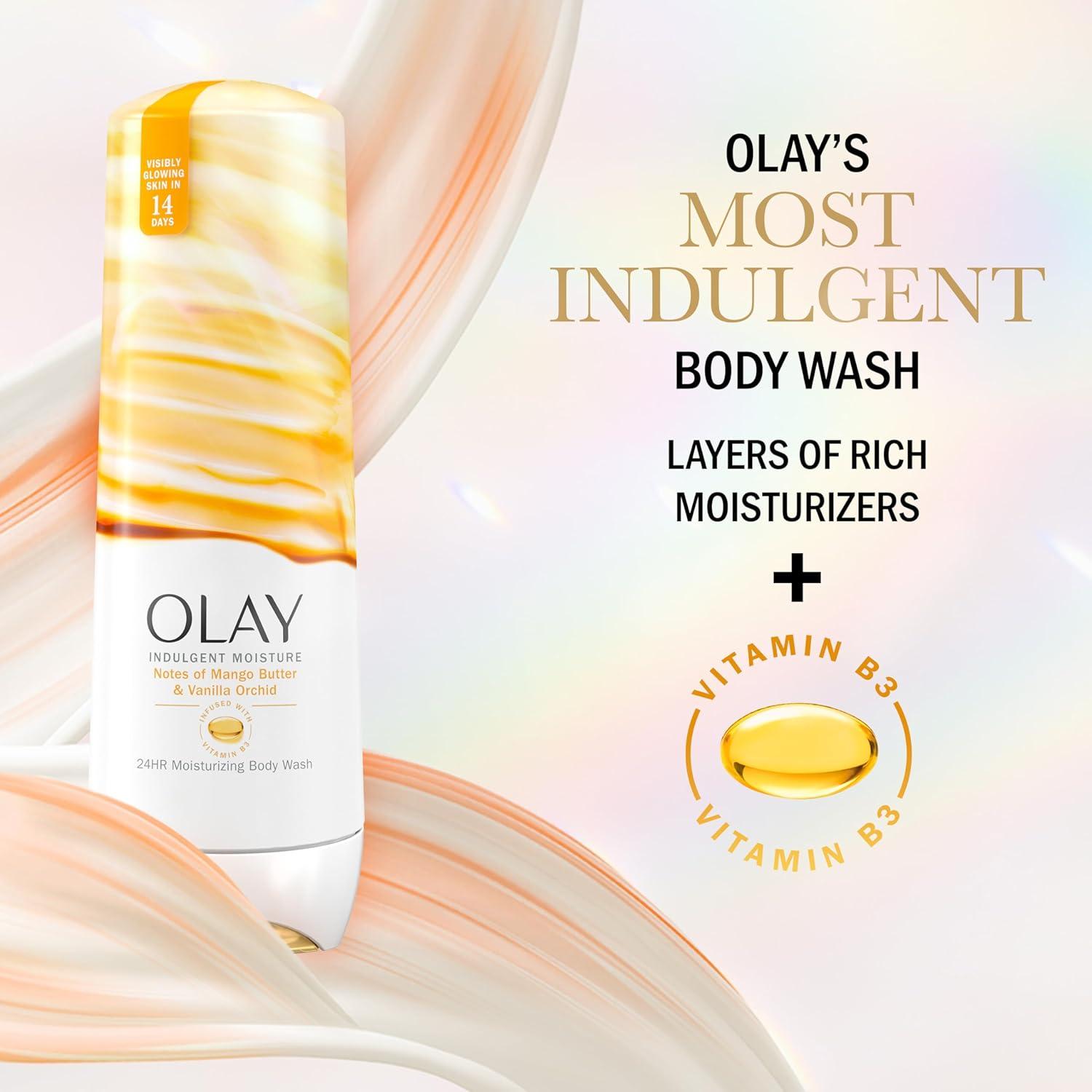 imageOlay Body Wash for Women Indulgent Moisture 24hr Moisturizing amp Nourishing Formula Infused with Vitamin B3 Complex Luxurious Fragrances Elderberry amp Almond Cream Scent 20 fl ozMango Butter Vanilla Orchid
