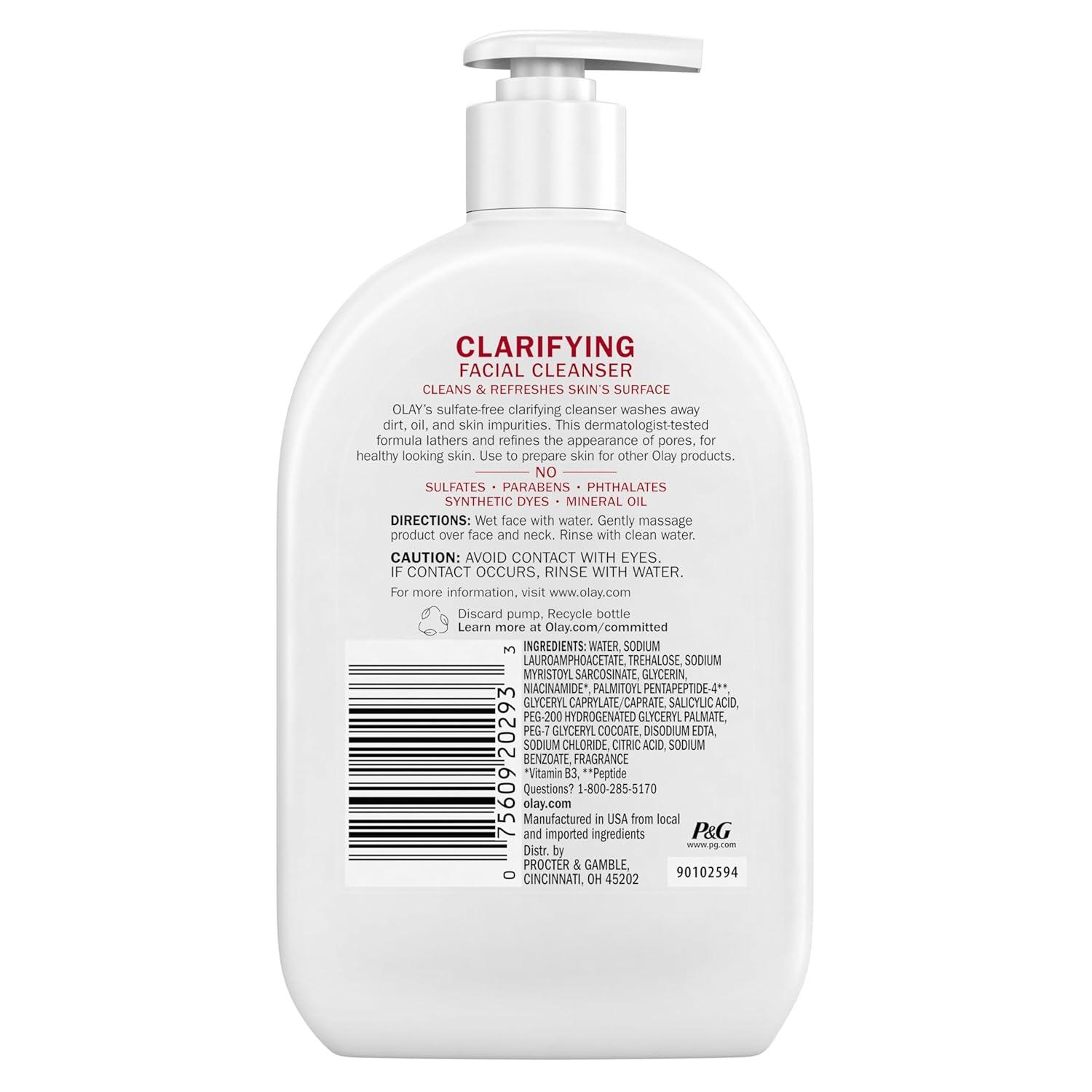 imageOlay Face Wash Daily Facial Cleanser with Niacinamide Peptides amp Glycerin Clarifying Refreshes Skin Surface Refines Appearance of Pores SulfateFree ParabenFree OilFree 16 Oz16 Fl Oz Pack of 1