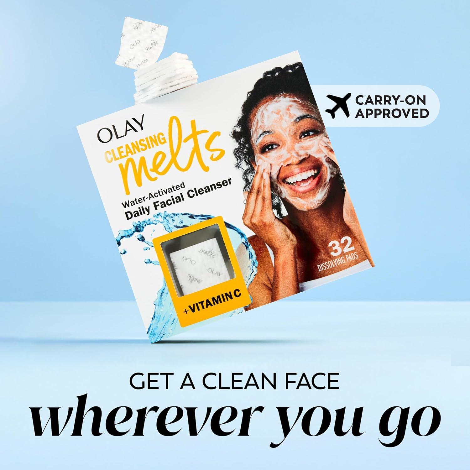 imageOlay Face Wash Vitamin C Cleansing Melts Daily Use Gentle Cleanser For All Skin Types Travel Size Soft Citrus Scent WaterActivated to Clean Tone and Refresh 64ct 2 Pack x 32ctVitamin C