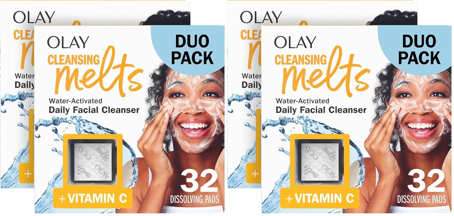 imageOlay Face Wash Vitamin C Cleansing Melts Daily Use Gentle Cleanser For All Skin Types Travel Size Soft Citrus Scent WaterActivated to Clean Tone and Refresh 64ct 2 Pack x 32ctVitamin C