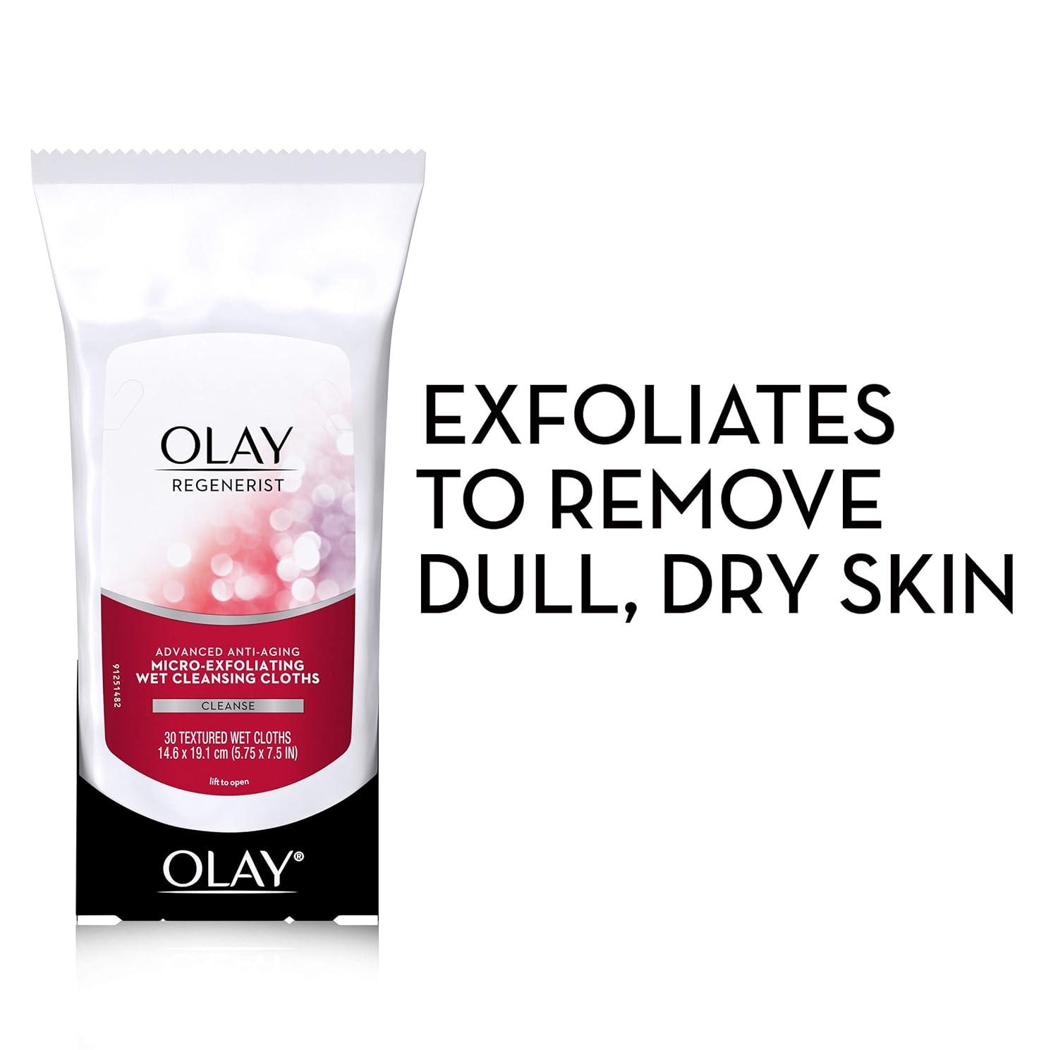 imageOlay Makeup Remover Wipes Regenerist MicroExfoliating Wet Cleansing Cloths Facial Cleanser for Women Exfoliates Refreshes Smooths Texture Travel Approved 30 ct 3 Pack