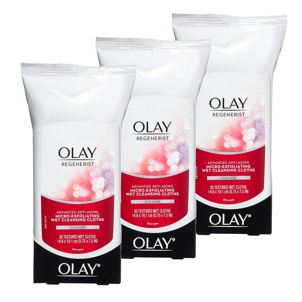 imageOlay Makeup Remover Wipes Regenerist MicroExfoliating Wet Cleansing Cloths Facial Cleanser for Women Exfoliates Refreshes Smooths Texture Travel Approved 30 ct 3 Pack