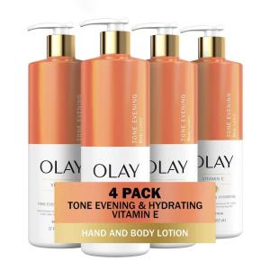 Olay Body Lotion for Women, Age Defying & Hydrating Dry Skin with Niacinamide 17 fl oz (Pack of 4)(Tone Evening Vitamin E)