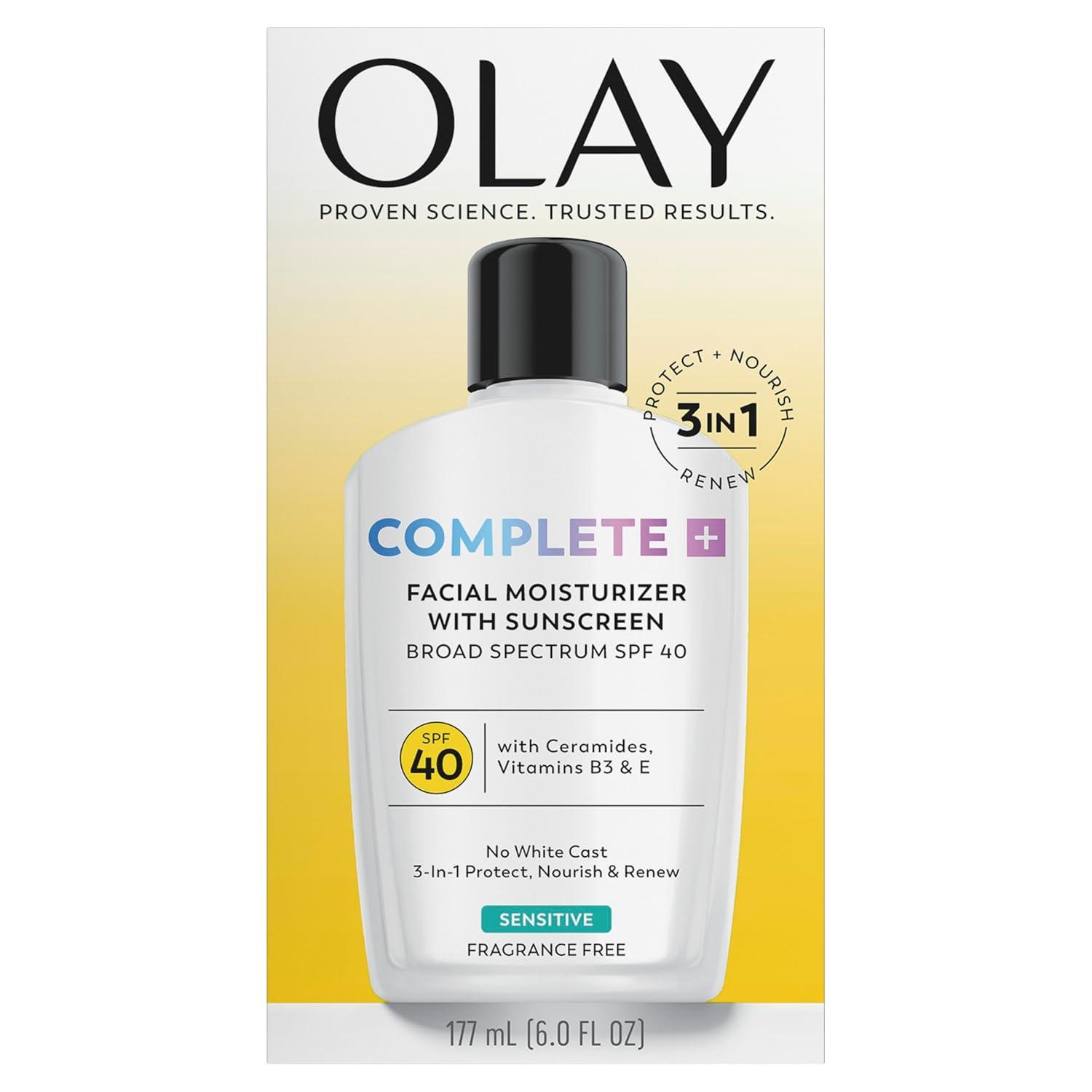 imageOlay Complete Face Moisturizer with Sunscreen SPF 40 For Sensitive Skin Broad Spectrum Sun Protection FragrenceFree No White Cast on All Tones Nourishes Moisture Barrier Ceramides 6 Oz6 Fl Oz Pack of 1