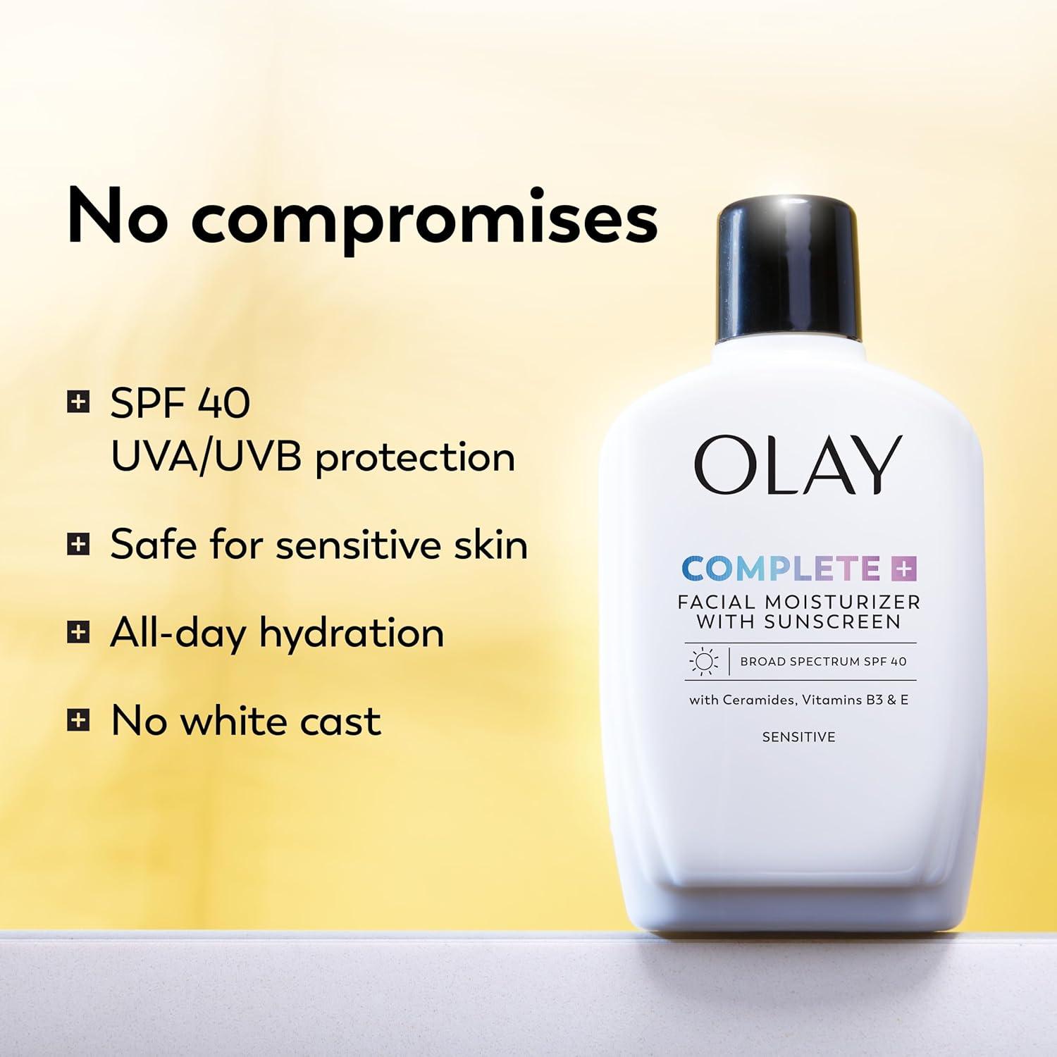 imageOlay Complete Face Moisturizer with Sunscreen SPF 40 For Sensitive Skin Broad Spectrum Sun Protection FragrenceFree No White Cast on All Tones Nourishes Moisture Barrier Ceramides 6 Oz6 Fl Oz Pack of 2