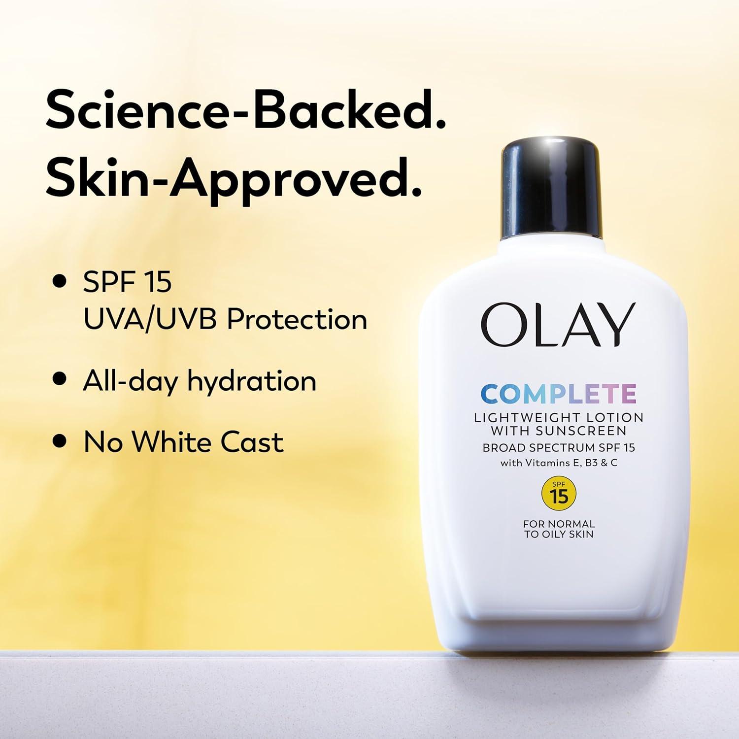 imageOlay Face Moisturizer Complete with Sunscreen SPF 15 Daily Facial Lotion for Normal Skin Lightweight Hydrating Broad Spectrum Sun Protection Vitamin C E and Niacinamide 6 Oz 2 Pack6 Fl Oz Pack of 2