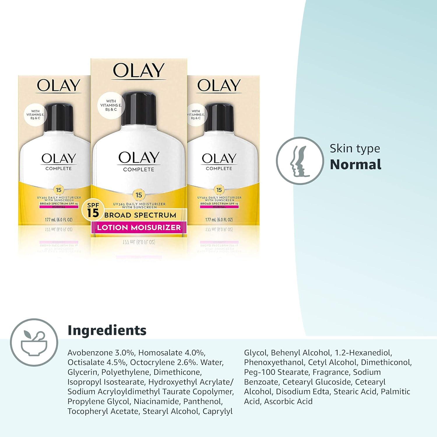 imageOlay Face Moisturizer Complete with Sunscreen SPF 15 Daily Facial Lotion for Normal Skin Lightweight Hydrating Broad Spectrum Sun Protection Vitamin C E and Niacinamide 6 Oz 2 Pack6 Fl Oz Pack of 3
