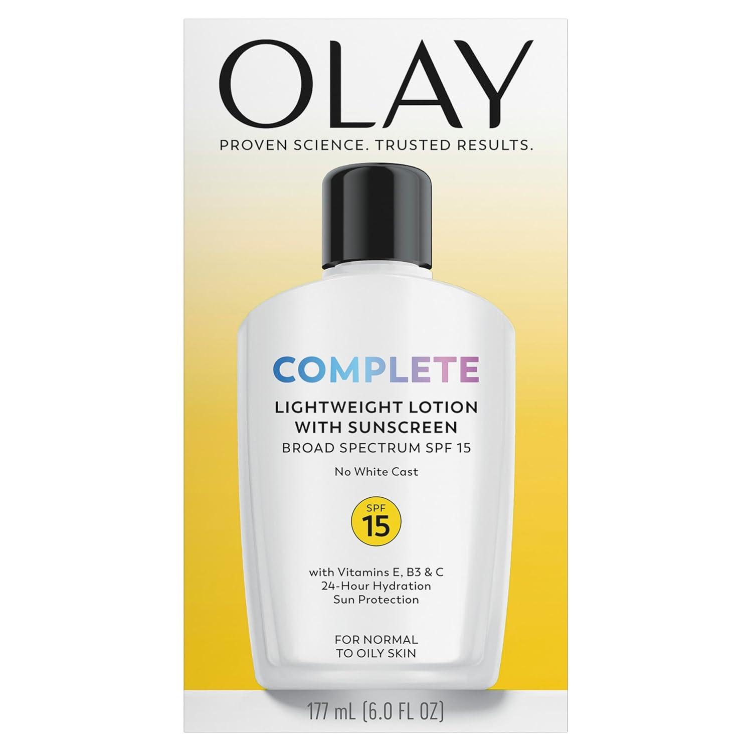 imageOlay Face Moisturizer Complete with Sunscreen SPF 15 Daily Facial Lotion for Normal Skin Lightweight Hydrating Broad Spectrum Sun Protection Vitamin C E and Niacinamide 6 Oz 2 Pack6 Fl Oz Pack of 2