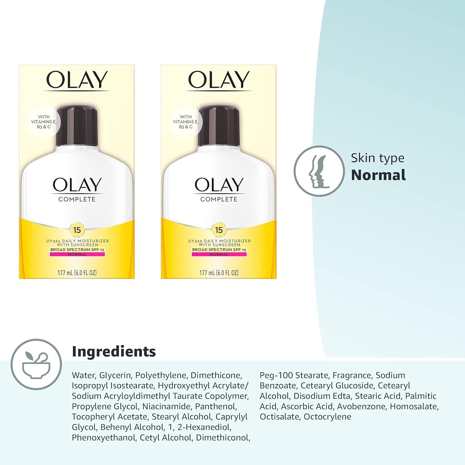imageOlay Face Moisturizer Complete with Sunscreen SPF 15 Daily Facial Lotion for Normal Skin Lightweight Hydrating Broad Spectrum Sun Protection Vitamin C E and Niacinamide 6 Oz 2 Pack6 Fl Oz Pack of 2