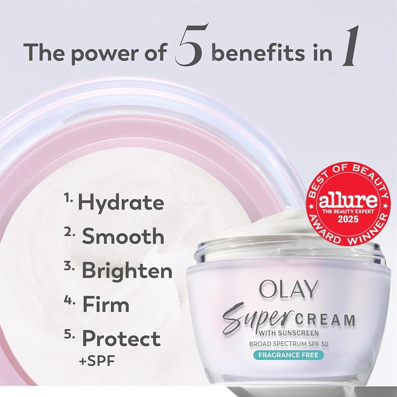 imageOlay Super Cream with Sunscreen SPF 30 Lightweight Face Moisturizer with Sun Protection 5in1 Skin Care Benefits Hydrating Brightening Firming Niacinamide Vitamin C Collagen Peptide 17 ozUnscented