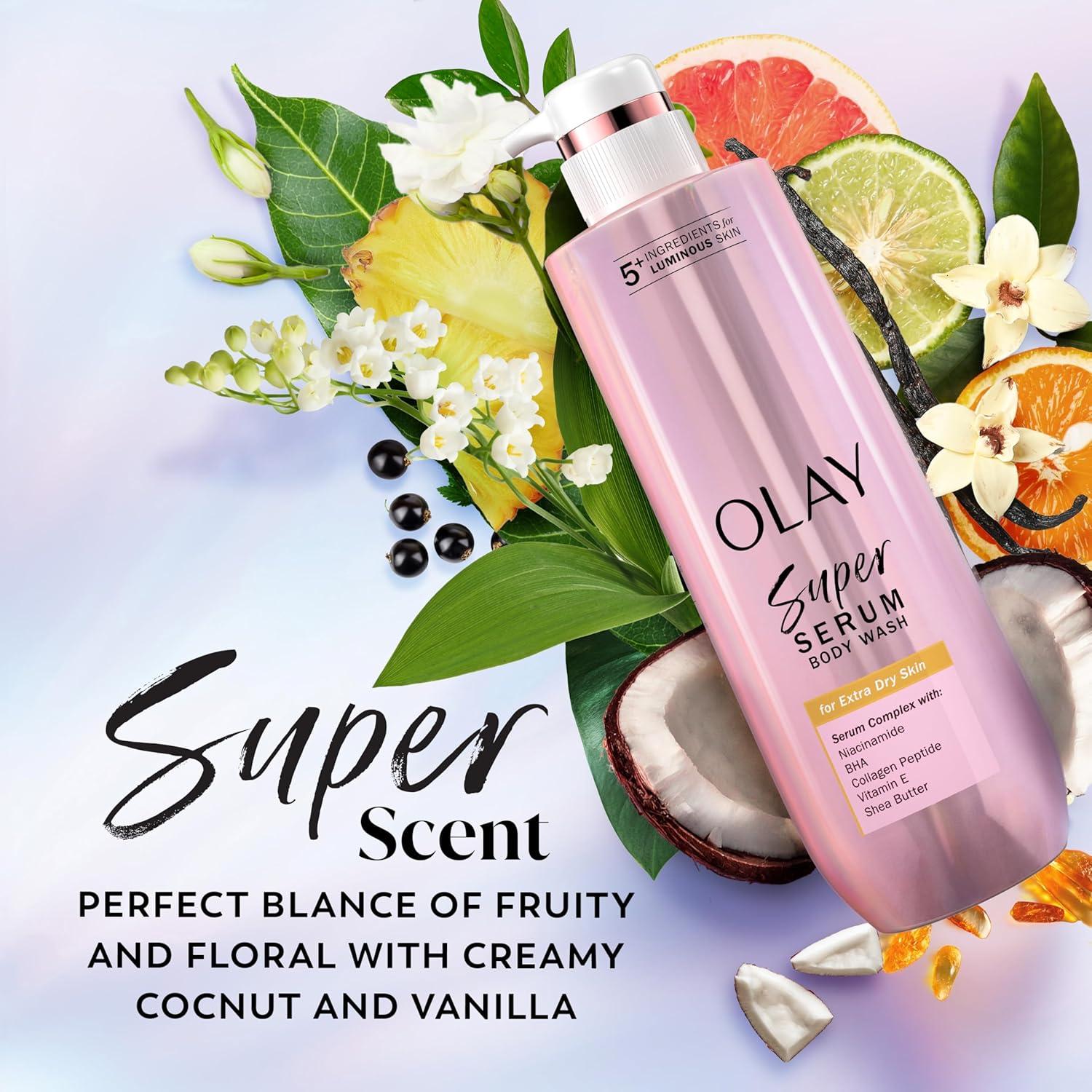 imageOlay Super Serum Body Wash for Normal Skin 24hr Long Lasting Hydration 5 Ingredient Serum Complex for Bright Even Firm Luminous Skin 185 fl ozCoconut Vanilla Soft Wood