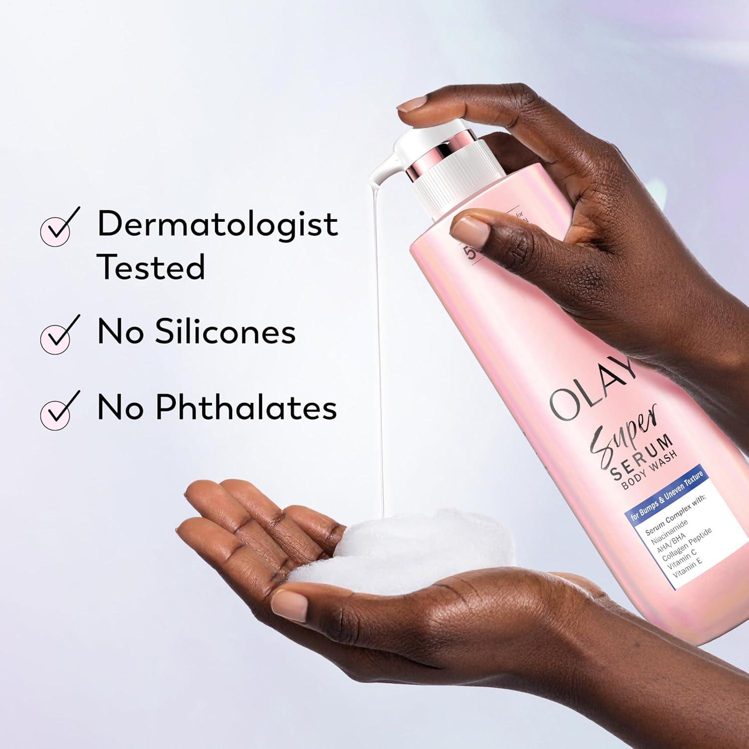 imageOlay Super Serum Body Wash for Normal Skin 24hr Long Lasting Hydration 5 Ingredient Serum Complex for Bright Even Firm Luminous Skin 185 fl ozRough Bumpy