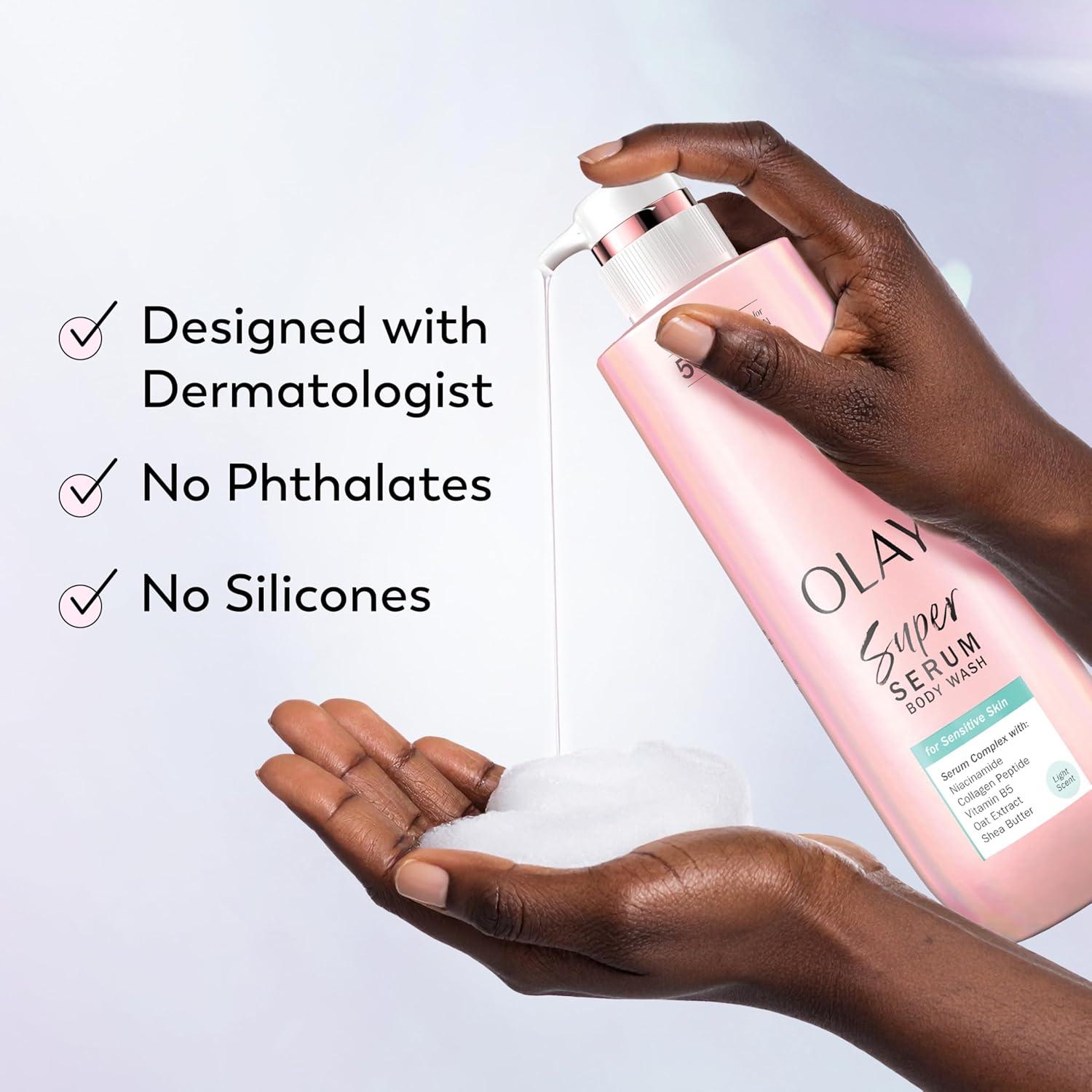 imageOlay Super Serum Body Wash for Normal Skin 24hr Long Lasting Hydration 5 Ingredient Serum Complex for Bright Even Firm Luminous Skin 185 fl ozSensitive