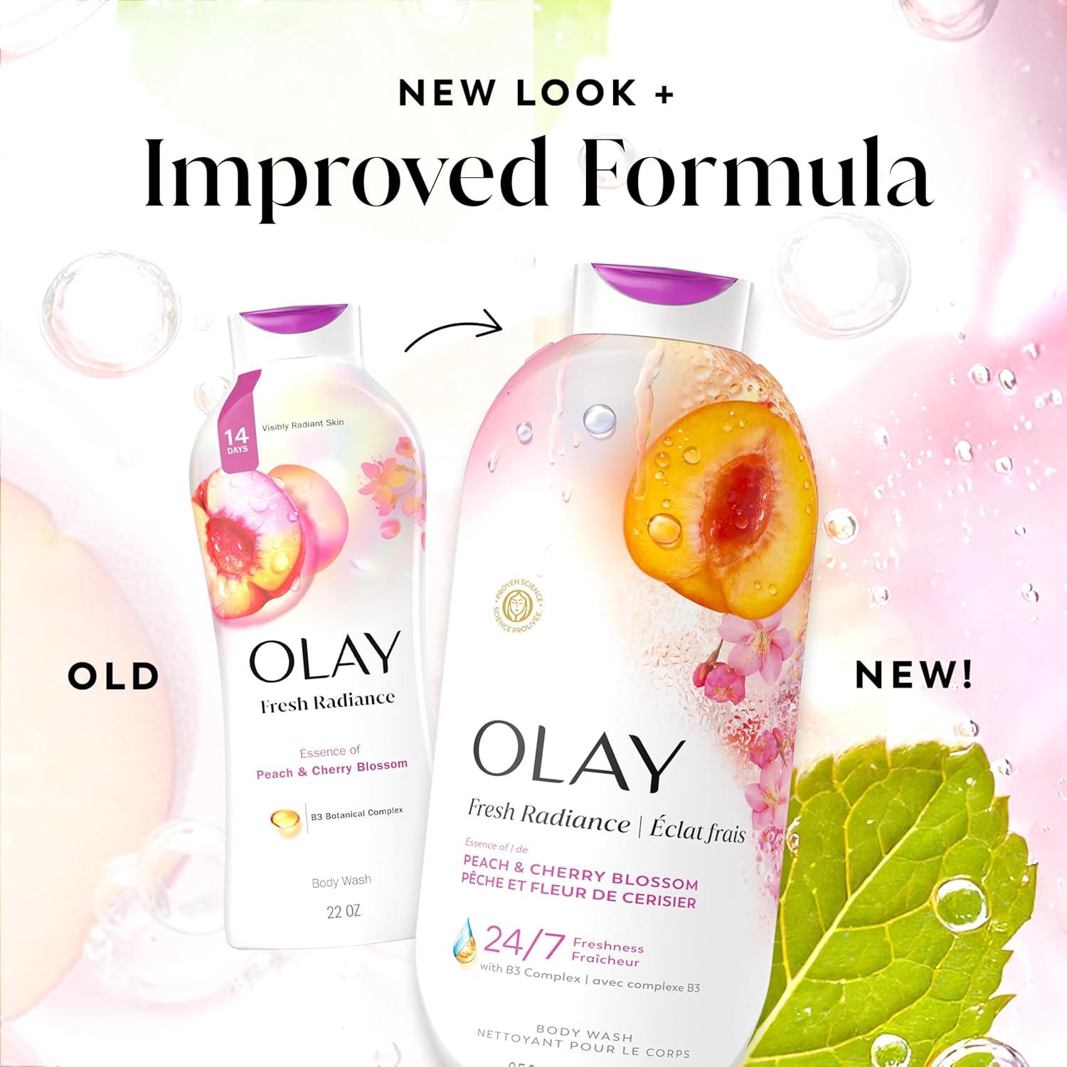 imageOlay Body Wash for Women Fresh Radiance 247 SkinLoving Freshness Visibly Radiant Plant Based Cleansers Vitamin B3 amp Antioxidant Blend For All Skin Types Cucumber amp Aloe Water Scent 22 fl ozPeach Cherry Blossom