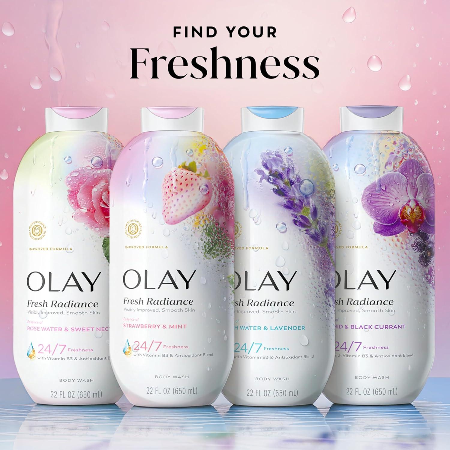 imageOlay Body Wash for Women Fresh Radiance 247 SkinLoving Freshness Visibly Radiant Plant Based Cleansers Vitamin B3 amp Antioxidant Blend For All Skin Types Cucumber amp Aloe Water Scent 22 fl ozStrawberry Mint