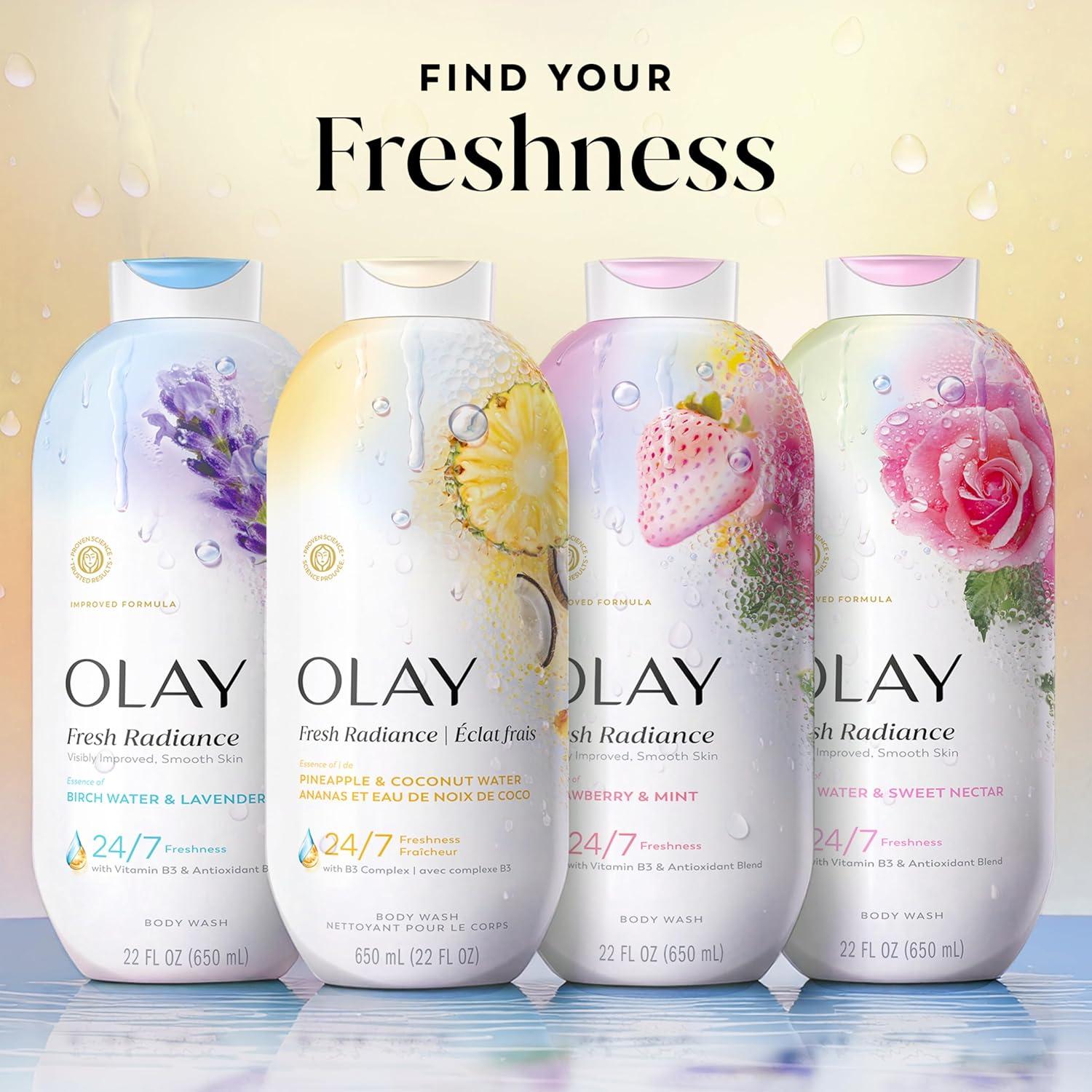 imageOlay Body Wash for Women Fresh Radiance 247 SkinLoving Freshness Visibly Radiant Plant Based Cleansers Vitamin B3 amp Antioxidant Blend For All Skin Types Cucumber amp Aloe Water Scent 22 fl ozPineapple Coconut Water