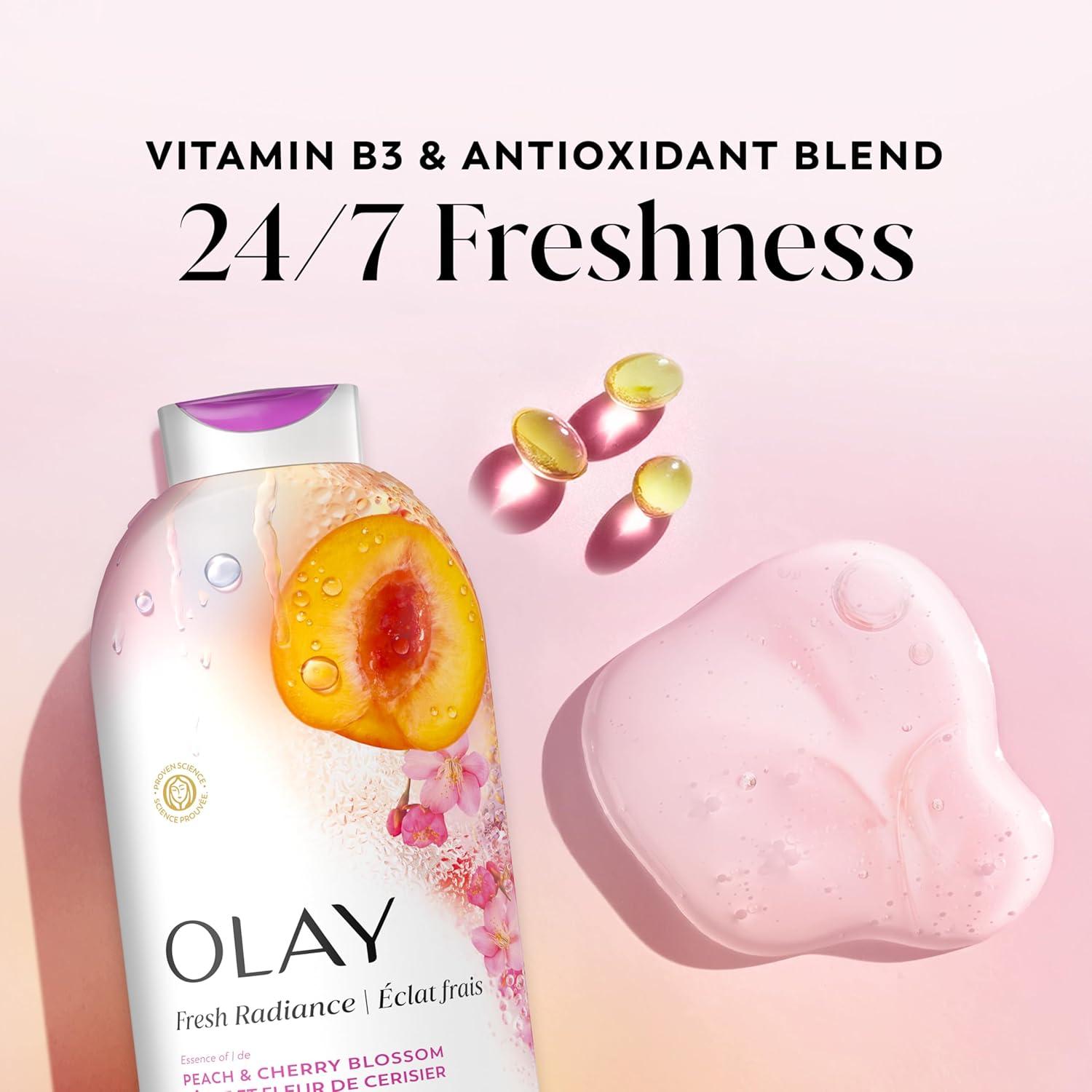 imageOlay Body Wash for Women Fresh Radiance 247 SkinLoving Freshness Visibly Radiant Plant Based Cleansers Vitamin B3 amp Antioxidant Blend For All Skin Types Cucumber amp Aloe Water Scent 22 fl ozPeach Cherry Blossom