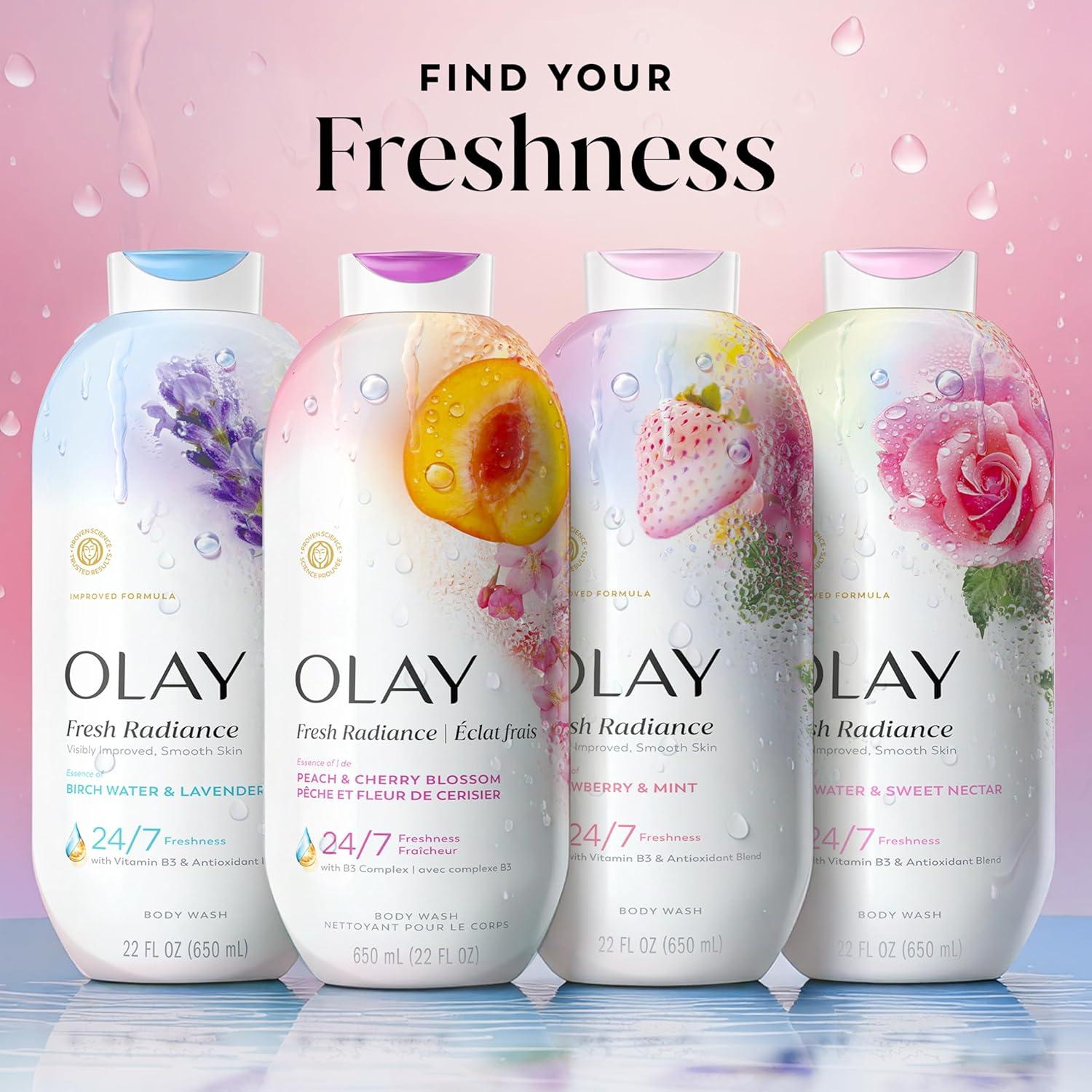 imageOlay Body Wash for Women Fresh Radiance 247 SkinLoving Freshness Visibly Radiant Plant Based Cleansers Vitamin B3 amp Antioxidant Blend For All Skin Types Cucumber amp Aloe Water Scent 22 fl ozPeach Cherry Blossom