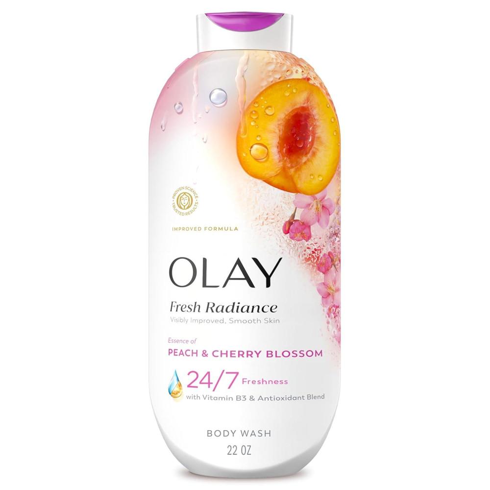 imageOlay Body Wash for Women Fresh Radiance 247 SkinLoving Freshness Visibly Radiant Plant Based Cleansers Vitamin B3 amp Antioxidant Blend For All Skin Types Cucumber amp Aloe Water Scent 22 fl ozPeach Cherry Blossom