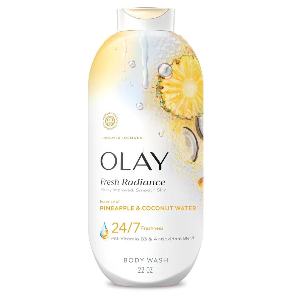 imageOlay Body Wash for Women Fresh Radiance 247 SkinLoving Freshness Visibly Radiant Plant Based Cleansers Vitamin B3 amp Antioxidant Blend For All Skin Types Cucumber amp Aloe Water Scent 22 fl ozPineapple Coconut Water