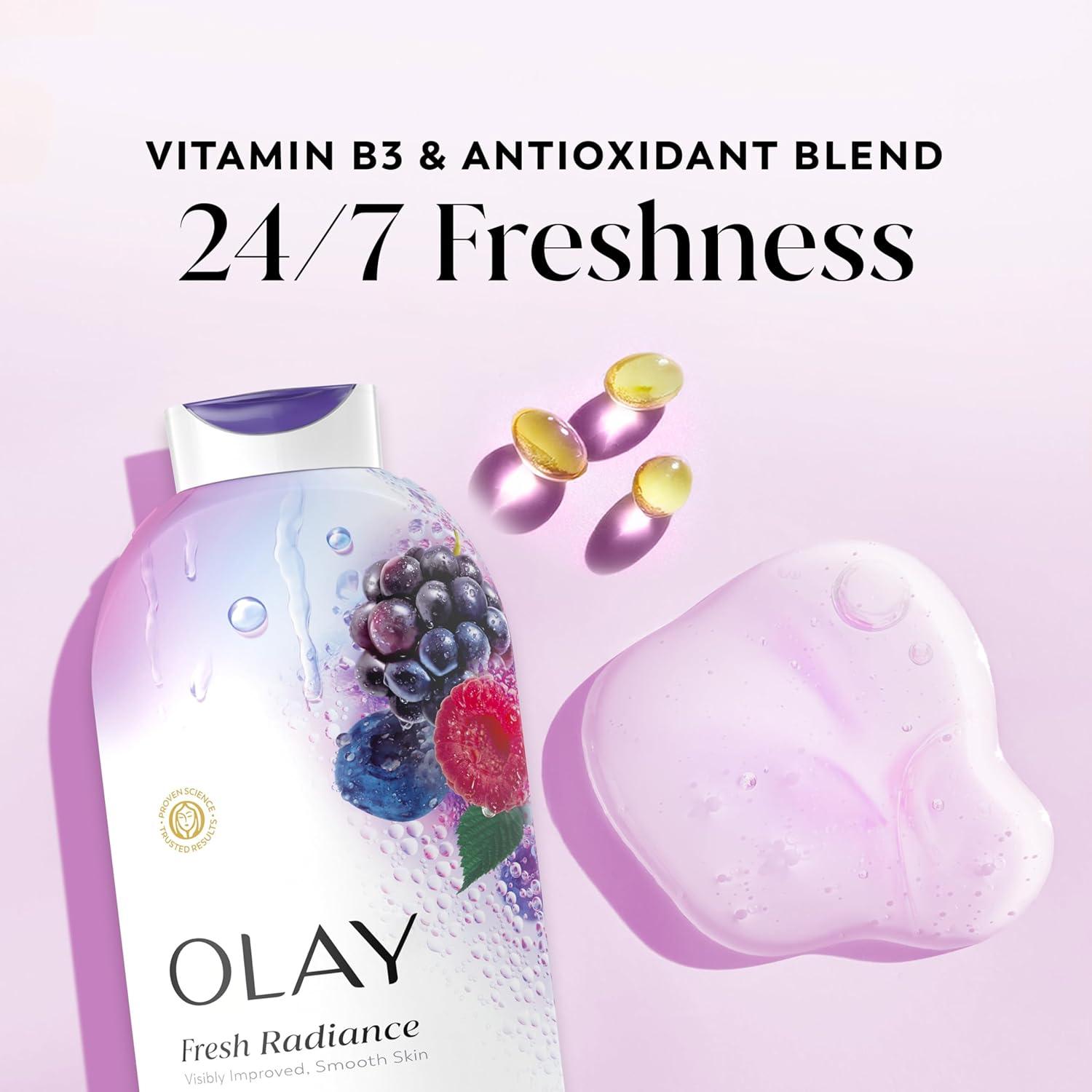 imageOlay Body Wash for Women Fresh Radiance 247 SkinLoving Freshness Visibly Radiant Plant Based Cleansers Vitamin B3 amp Antioxidant Blend All Skin Types Vanilla Blossom amp Apricot Scent 22 fl ozBerries Frescas