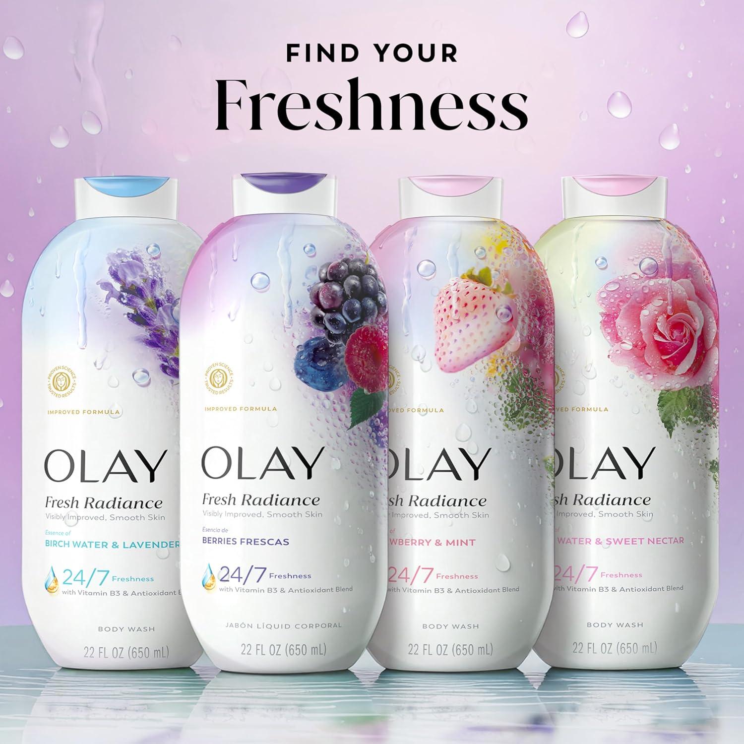 imageOlay Body Wash for Women Fresh Radiance 247 SkinLoving Freshness Visibly Radiant Plant Based Cleansers Vitamin B3 amp Antioxidant Blend All Skin Types Vanilla Blossom amp Apricot Scent 22 fl ozBerries Frescas