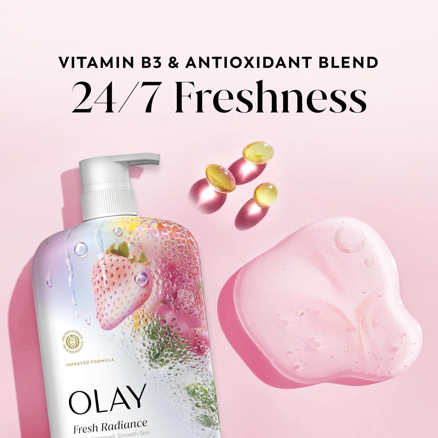 imageOlay Body Wash for Women Fresh Radiance 247 SkinLoving Freshness Visibly Radiant Plant Based Cleansers Vitamin B3 amp Antioxidant Blend For All Skin Types Strawberry amp Mint Scent 29 fl ozStrawberry Mint