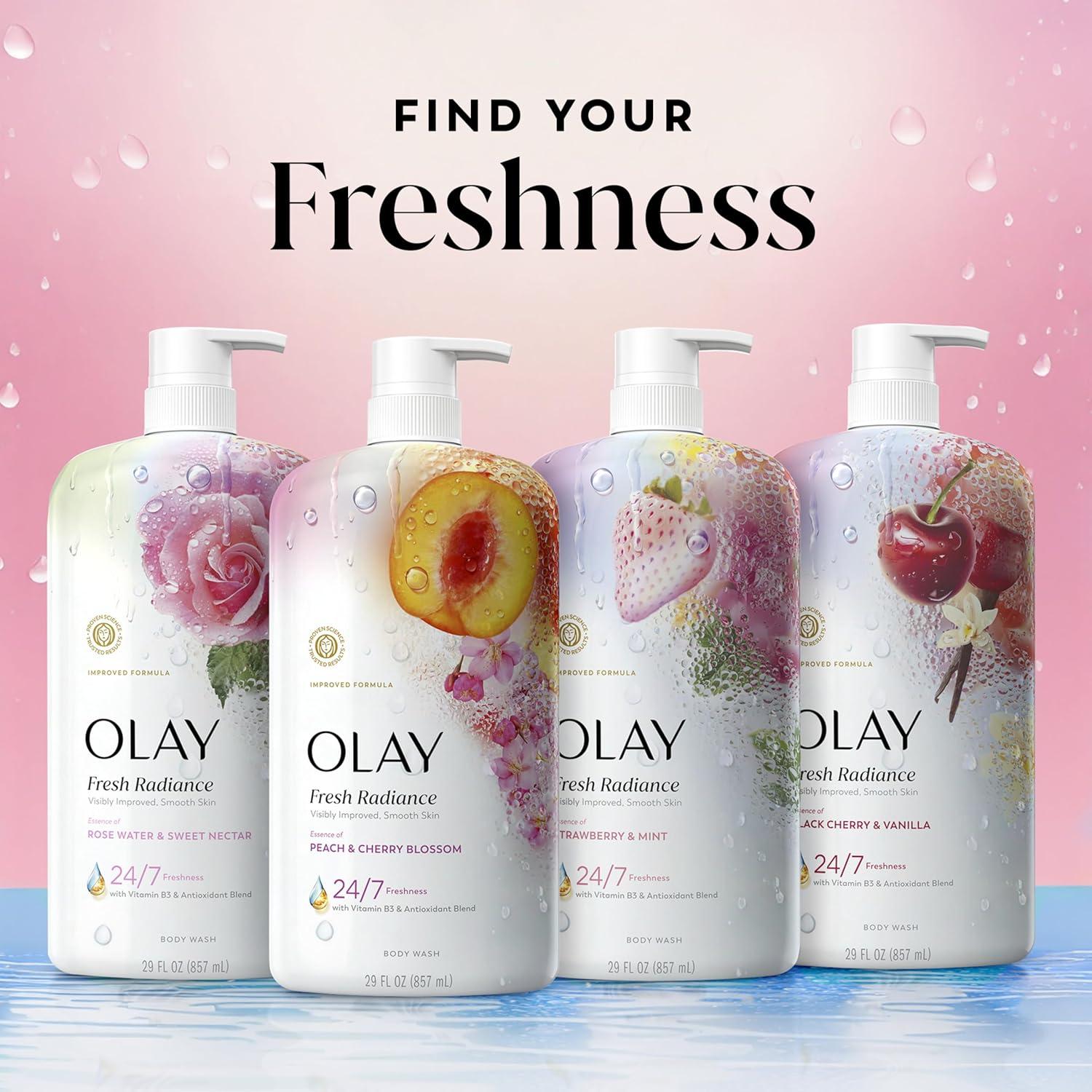 imageOlay Body Wash for Women Fresh Radiance 247 SkinLoving Freshness Visibly Radiant Plant Based Cleansers Vitamin B3 amp Antioxidant Blend For All Skin Types Strawberry amp Mint Scent 29 fl ozPeach Cherry Blossom