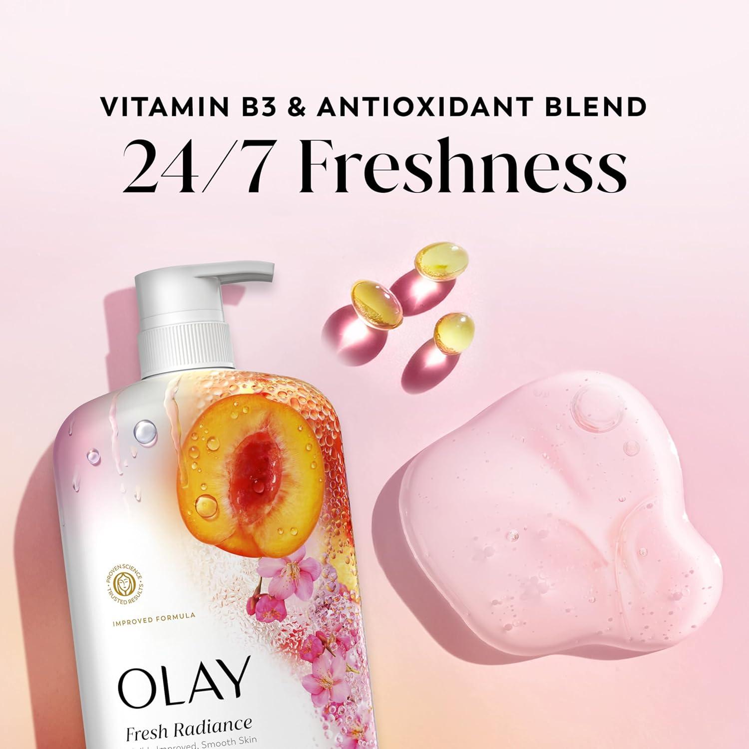 imageOlay Body Wash for Women Fresh Radiance 247 SkinLoving Freshness Visibly Radiant Plant Based Cleansers Vitamin B3 amp Antioxidant Blend For All Skin Types Strawberry amp Mint Scent 29 fl ozPeach Cherry Blossom