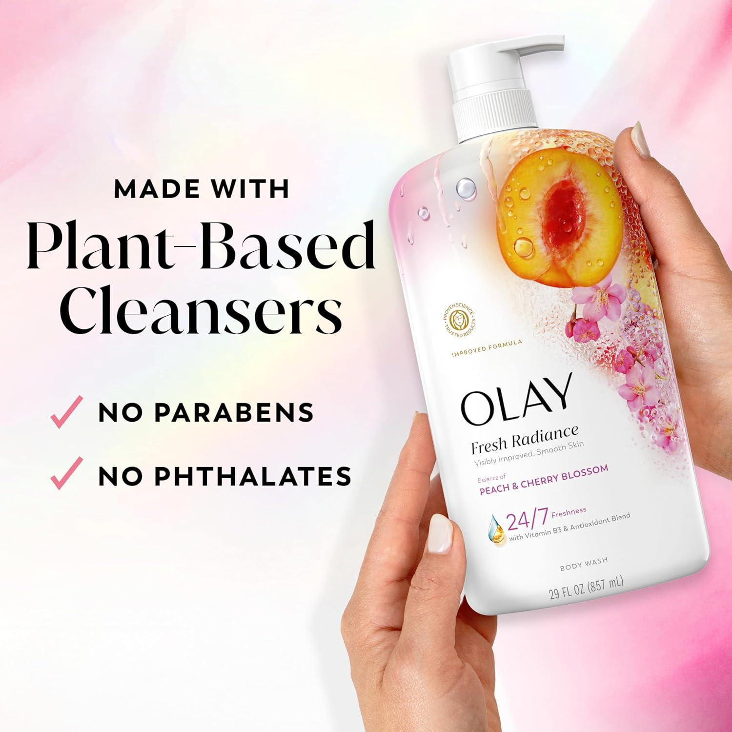 imageOlay Body Wash for Women Fresh Radiance 247 SkinLoving Freshness Visibly Radiant Plant Based Cleansers Vitamin B3 amp Antioxidant Blend For All Skin Types Strawberry amp Mint Scent 29 fl ozPeach Cherry Blossom