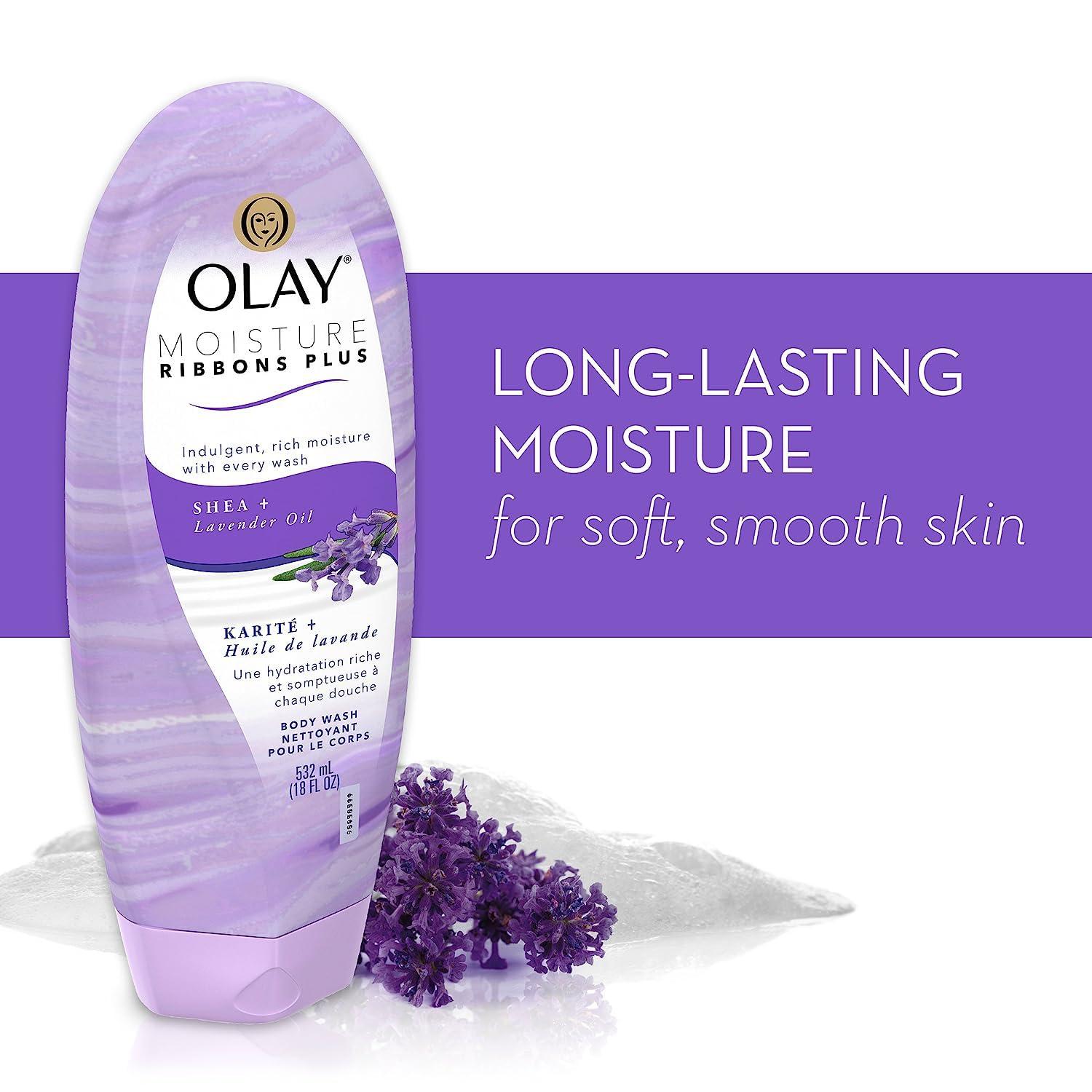 imageOlay Body Wash for Women Moisture Ribbons Plus Deep Conditioning amp Moisturizing Formula Long Lasting Smooth Soft Skin For All Skin Types Shea Butter amp Lavender Oil Scent 18 fl ozShea Lavender Oil