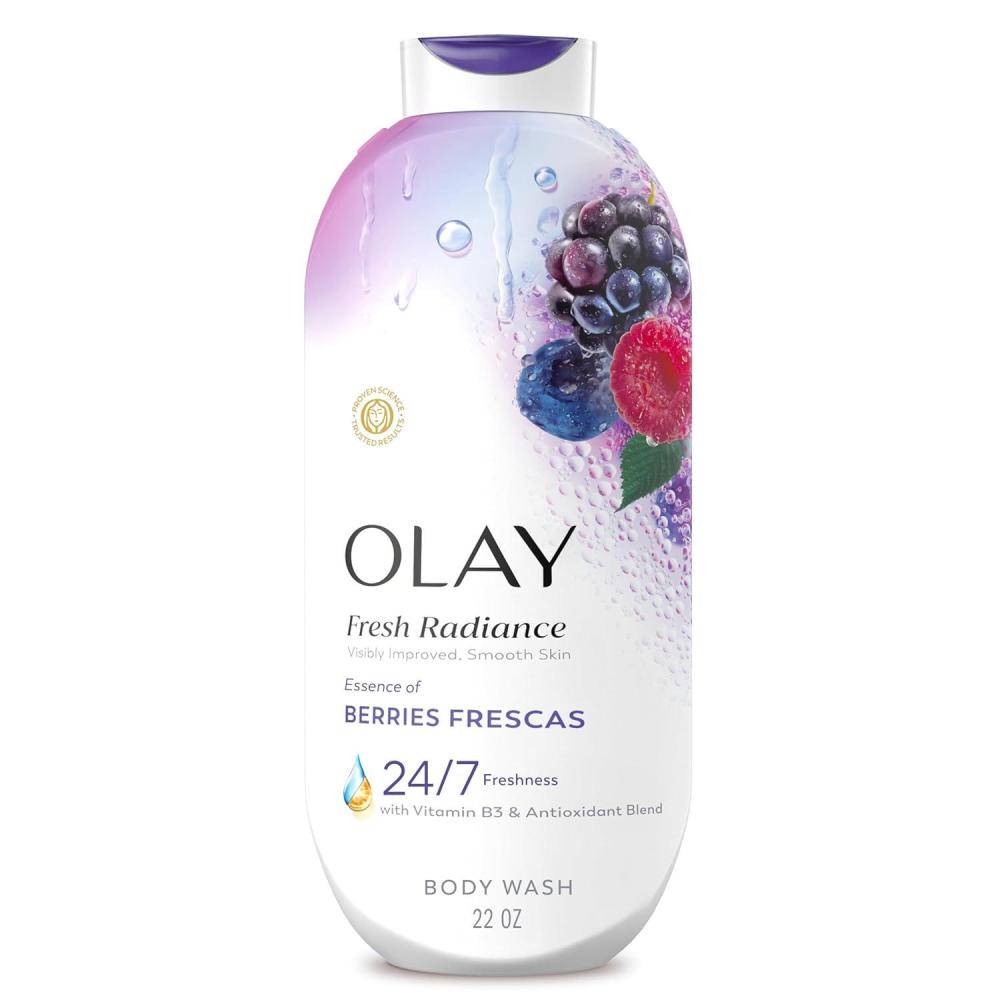imageOlay Body Wash for Women Fresh Radiance 247 SkinLoving Freshness Visibly Radiant Plant Based Cleansers Vitamin B3 amp Antioxidant Blend All Skin Types Vanilla Blossom amp Apricot Scent 22 fl ozBerries Frescas