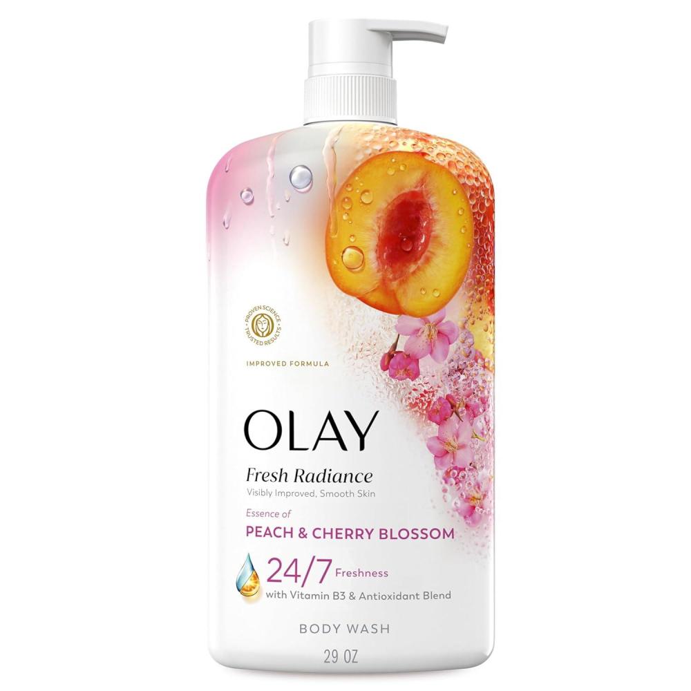 imageOlay Body Wash for Women Fresh Radiance 247 SkinLoving Freshness Visibly Radiant Plant Based Cleansers Vitamin B3 amp Antioxidant Blend For All Skin Types Strawberry amp Mint Scent 29 fl ozPeach Cherry Blossom