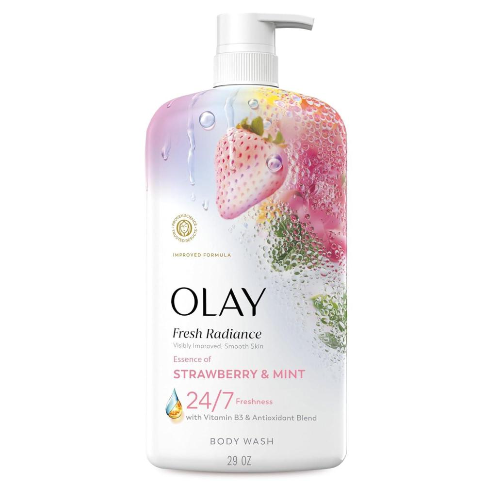 imageOlay Body Wash for Women Fresh Radiance 247 SkinLoving Freshness Visibly Radiant Plant Based Cleansers Vitamin B3 amp Antioxidant Blend For All Skin Types Strawberry amp Mint Scent 29 fl ozStrawberry Mint