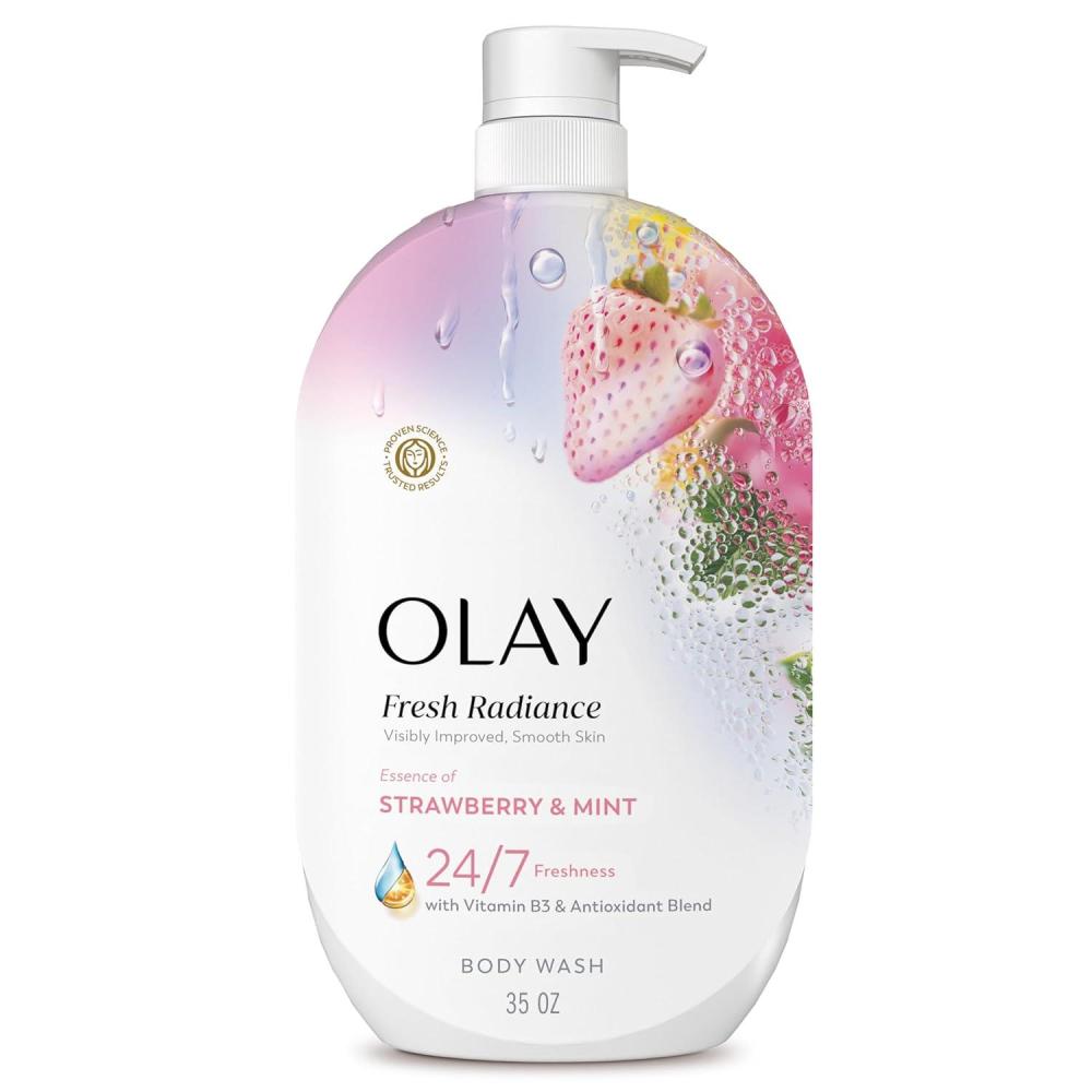 imageOlay Body Wash for Women Fresh Radiance Refreshing amp Renewing Made with Plant Based Cleansers B3 Botanical Complex For All Skin Types Peach amp Cherry Blossom Scent 33 fl ozStrawberry Mint