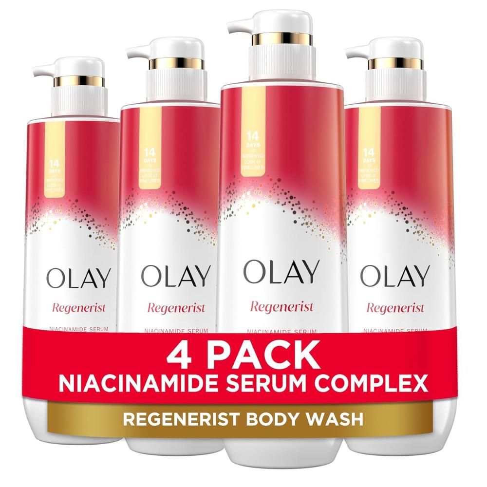 imageOlay Body Wash for Women Tone Brightening Exfoliation Vitamin C Serum Complex Renew Moisture Free of Parabens amp Phthalates Vitamin B3 Lameller Technology For All Skin Types 20 fl oz Pack of 4Regenerist