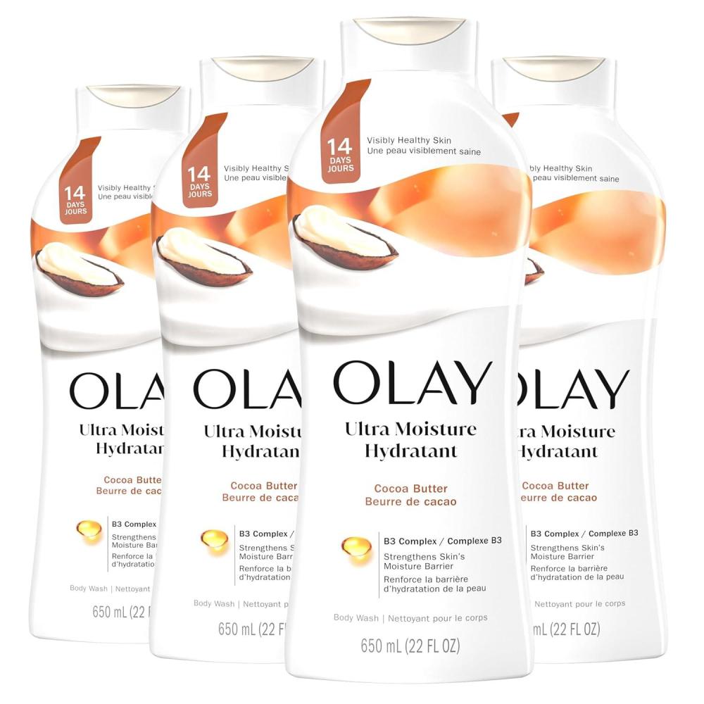 imageOlay Body Wash for Women Ultra Moisture 24hr Moisturizing Hydrating amp Refreshing B3 Vitamin Complex Free of Parabens amp Phthalates For All Skin Types Cocoa Butter Scent 22 fl oz Pack of 4Cocoa Butter
