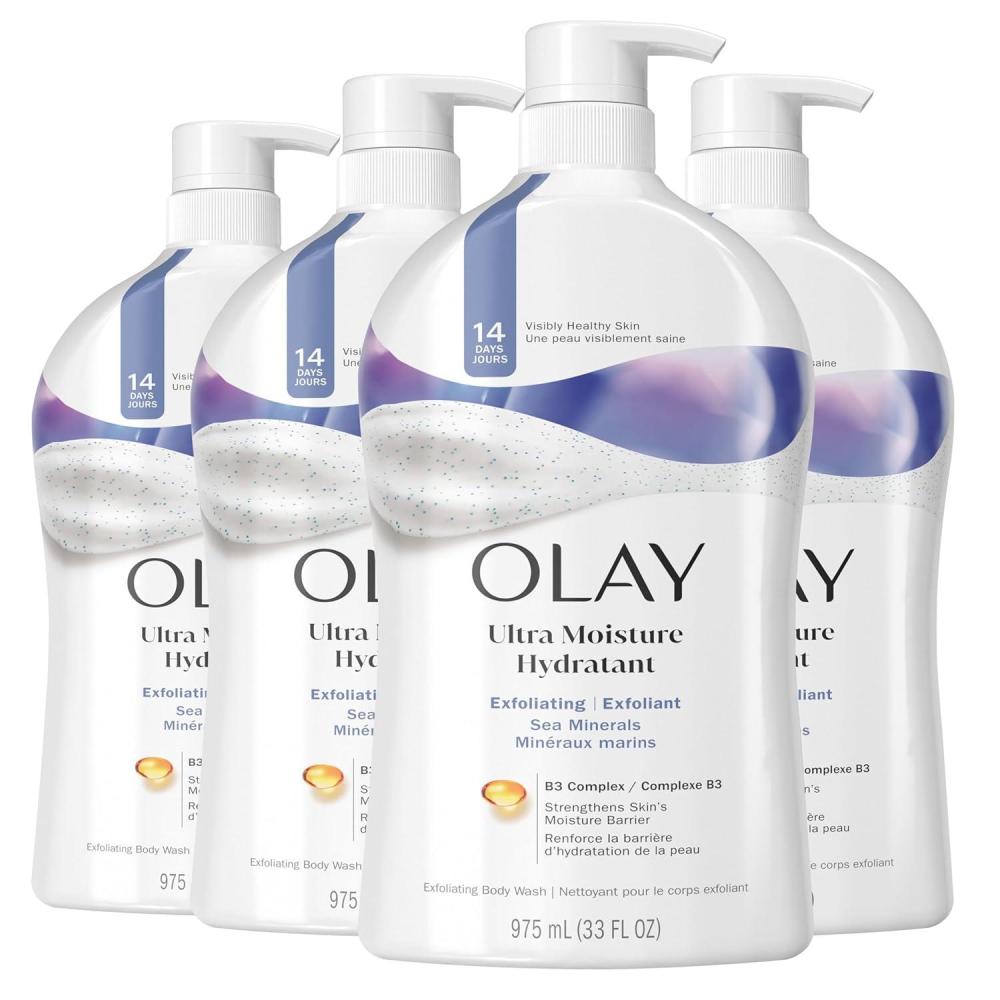 imageOlay Body Wash for Women Ultra Moisture Exfoliating Formula 24hr Moisturizing Hydrating amp Replenshing B3 Vitamin Complex For All Skin Types Sea Minerals Scent 33 fl oz Pack of 4