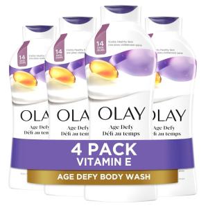 Olay Body Wash for Women, Age Defying with Vitamin E, 24hr Moisturizing, Hydrating & Refreshing, B3 Vitamin Complex, Free of Parabens & Phthalates, for All Skin Types, Scented, 22 fl oz (Pack of 4)(Unscented)