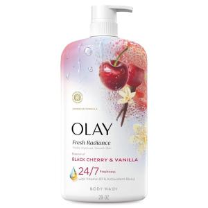 Olay Body Wash for Women, Fresh Radiance, 24/7 Skin-Loving Freshness, Visibly Radiant, Plant Based Cleansers, Vitamin B3 & Antioxidant Blend, For All Skin Types, Strawberry & Mint Scent, 29 fl oz(Black Cherry & Vanilla)