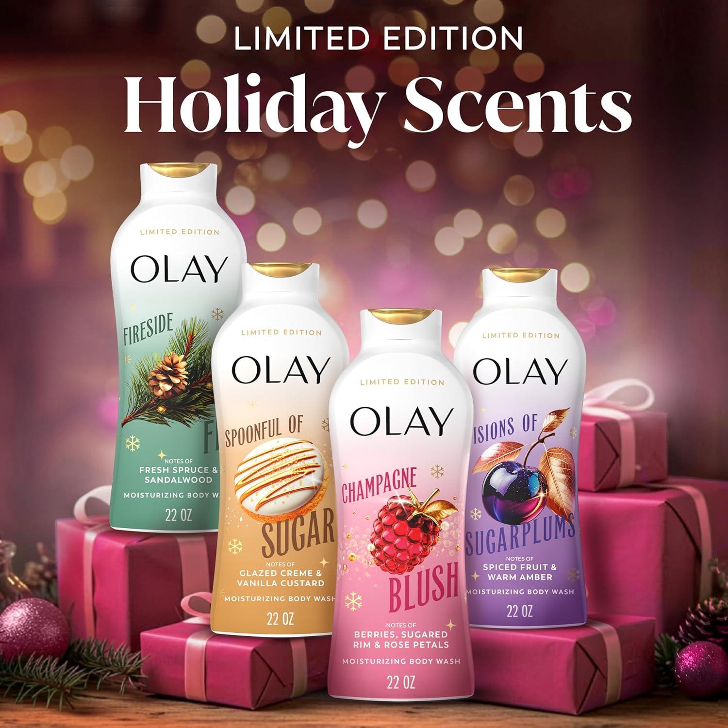 imageOlay Body Wash for Women Hydrating amp Moisturizing Holiday Edition With Plant Based Cleansers B3 Complex For All Skin Types Fireside Fir with Fresh Spruce amp Sandalwood Scent 22 fl ozChampagne Blush with Berries Sugared Rim Rose Petals