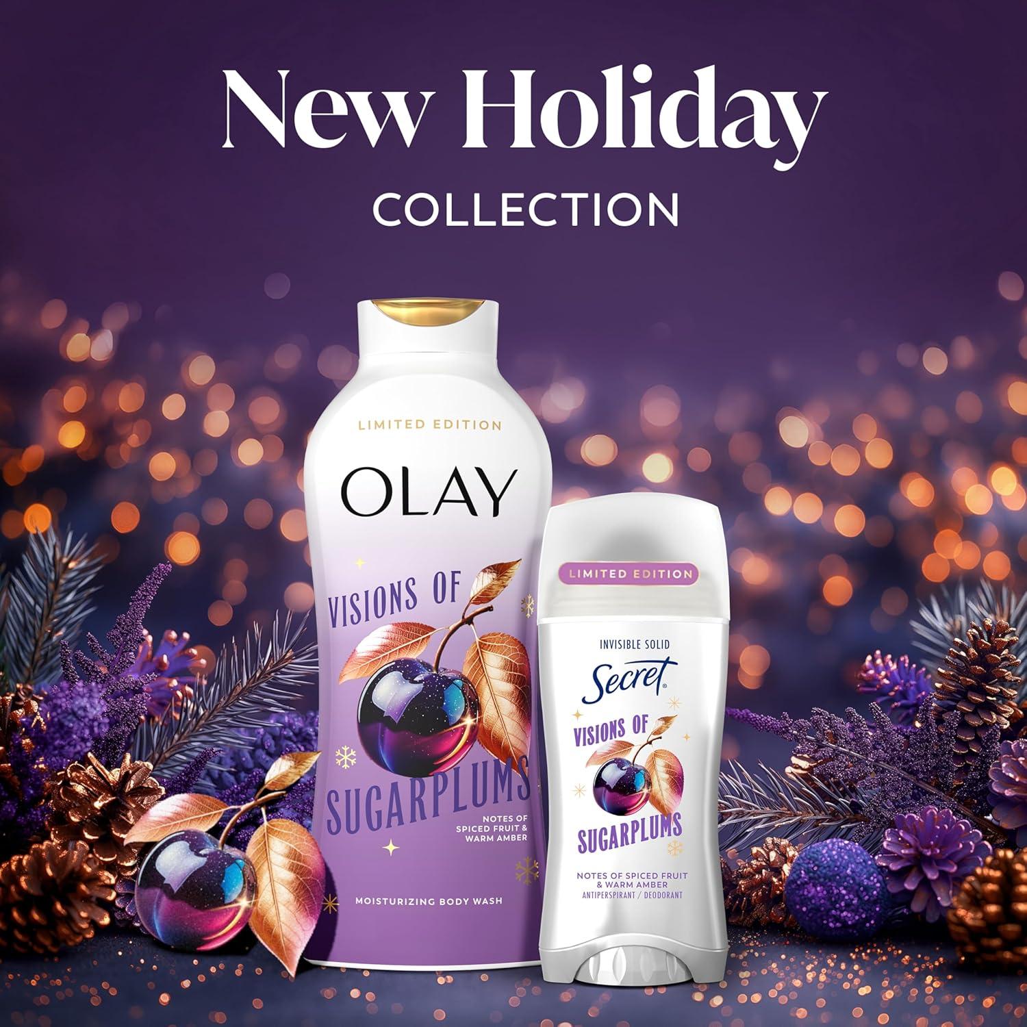 imageOlay Body Wash for Women Hydrating amp Moisturizing Holiday Edition With Plant Based Cleansers B3 Complex For All Skin Types Fireside Fir with Fresh Spruce amp Sandalwood Scent 22 fl ozVisions of Sugarplums with Spiced Fruit Warm Amber