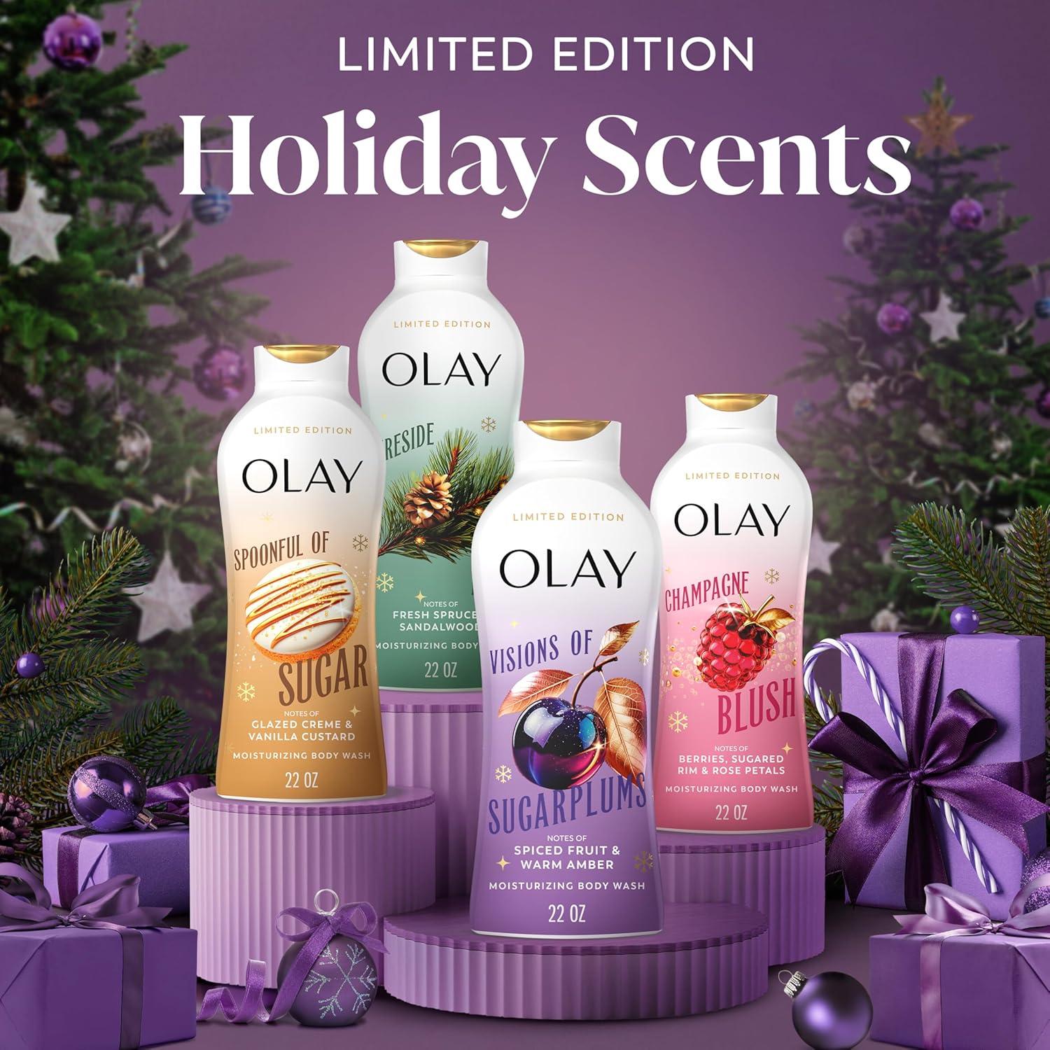 imageOlay Body Wash for Women Hydrating amp Moisturizing Holiday Edition With Plant Based Cleansers B3 Complex For All Skin Types Fireside Fir with Fresh Spruce amp Sandalwood Scent 22 fl ozVisions of Sugarplums with Spiced Fruit Warm Amber