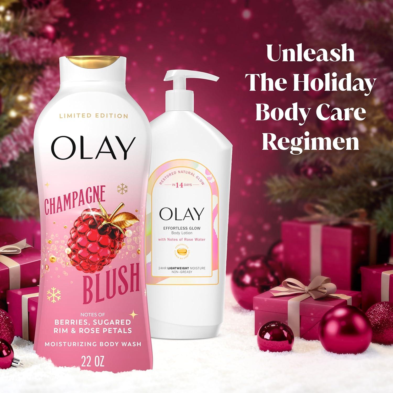 imageOlay Body Wash for Women Hydrating amp Moisturizing Holiday Edition With Plant Based Cleansers B3 Complex For All Skin Types Fireside Fir with Fresh Spruce amp Sandalwood Scent 22 fl ozChampagne Blush with Berries Sugared Rim Rose Petals